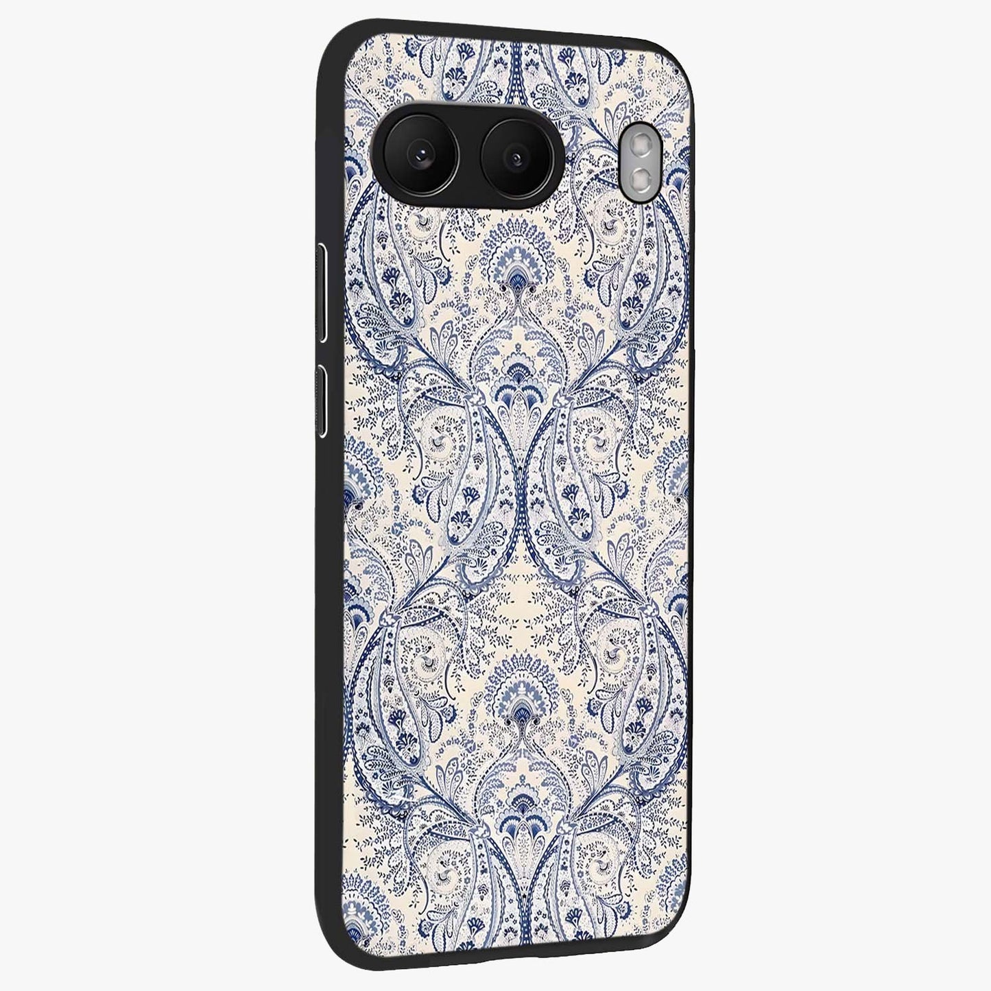 Blue Paisley Bloom Glass Case for 1+Nord 4 side perspective highlighting elegant paisley textures and premium build