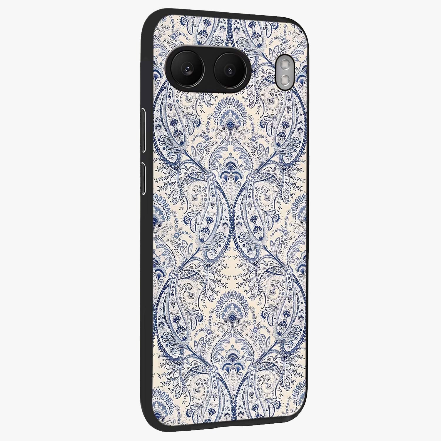 Blue Paisley Bloom Glass Case for 1+Nord 4 side perspective highlighting elegant paisley textures and premium build