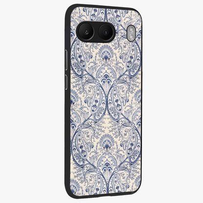 Blue Paisley Bloom Glass Case for 1+Nord 4 side perspective highlighting elegant paisley textures and premium build