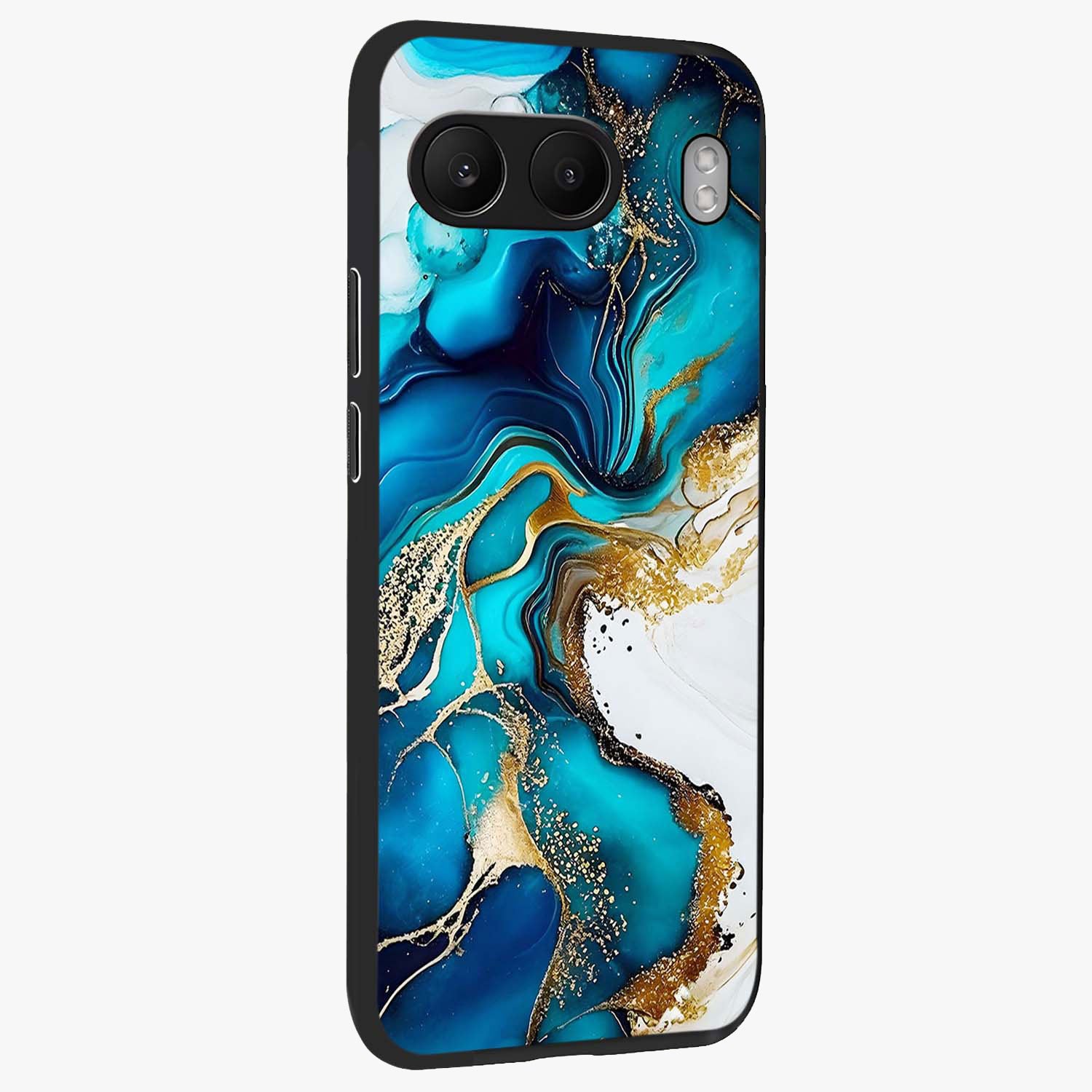 Blue and White Marble With Golden Viens Art Glass Case for 1+Nord 4 side perspective highlighting rich marble textures and elegant gold accents