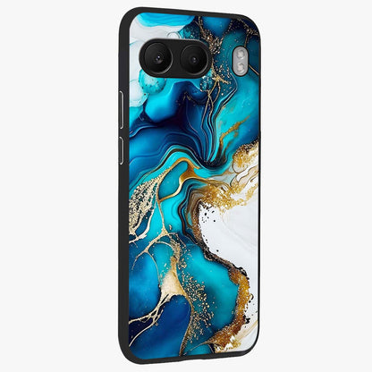 Blue and White Marble With Golden Viens Art Glass Case for 1+Nord 4 side perspective highlighting rich marble textures and elegant gold accents