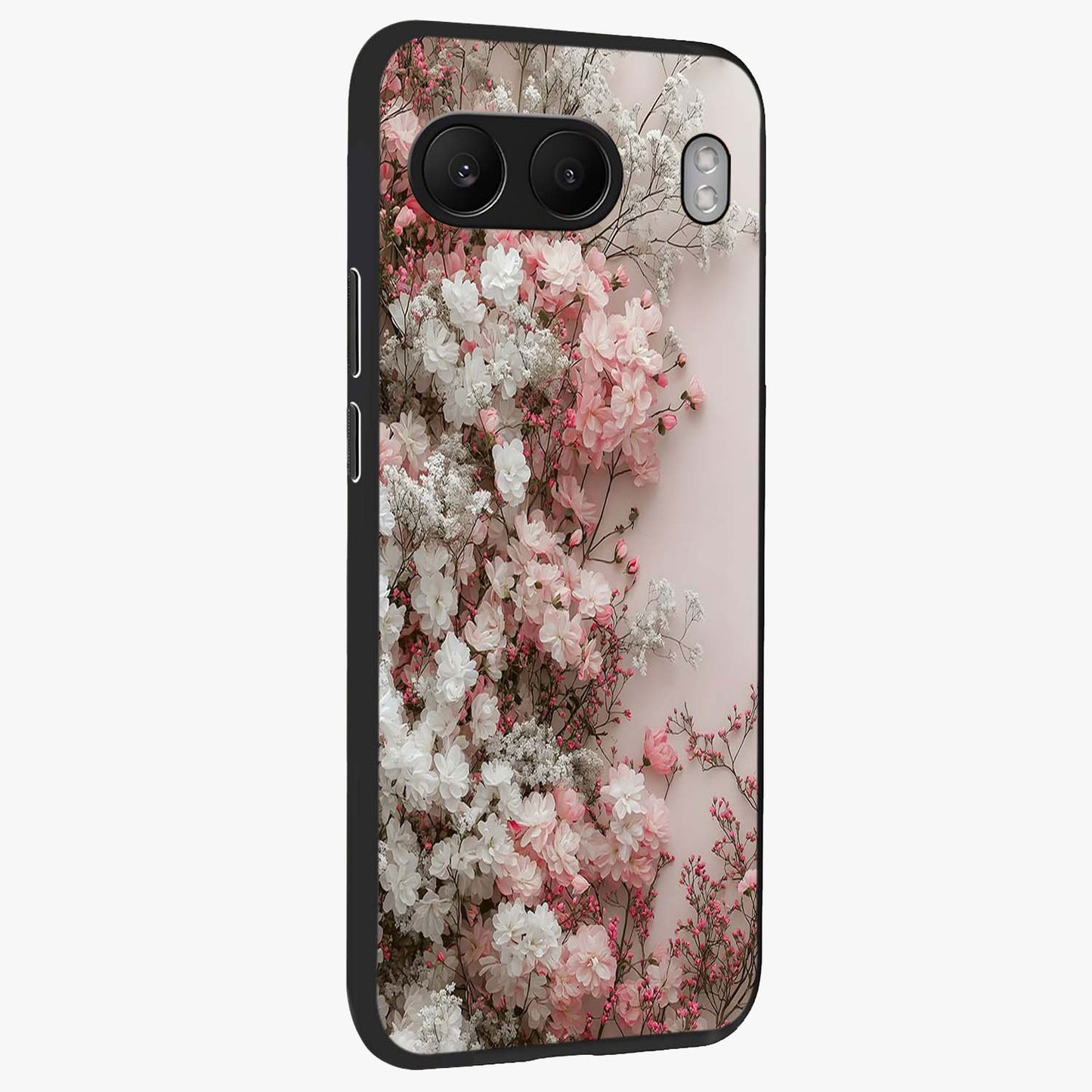Blush Blossom Cloud Glass Case for 1+Nord 4 side perspective highlighting airy blush detailing and premium build