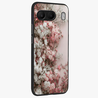 Blush Blossom Cloud Glass Case for 1+Nord 4 side perspective highlighting airy blush detailing and premium build