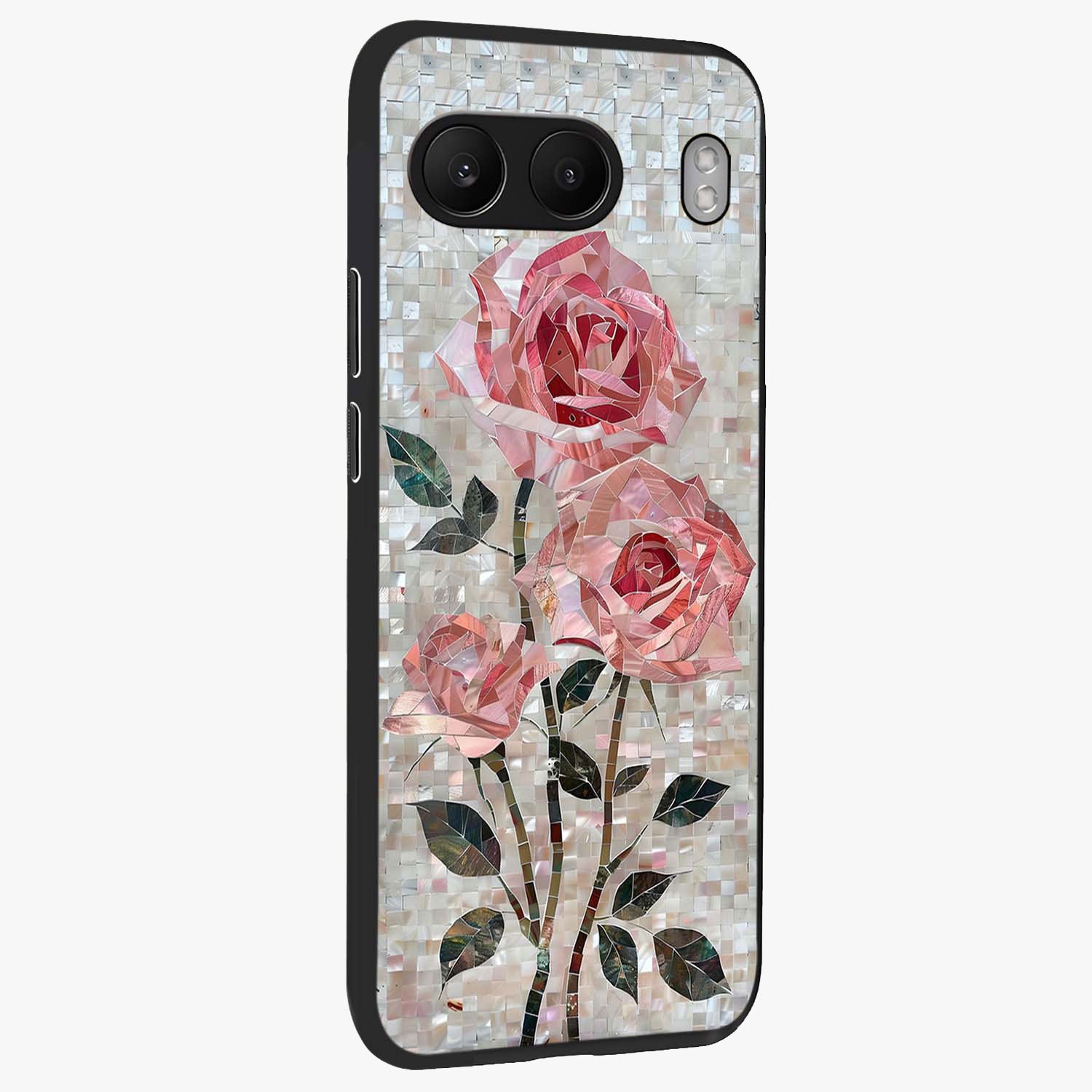 Blush Mosaic Bloom Glass Case for 1+Nord 4 side perspective highlighting vibrant floral geometry and premium finish