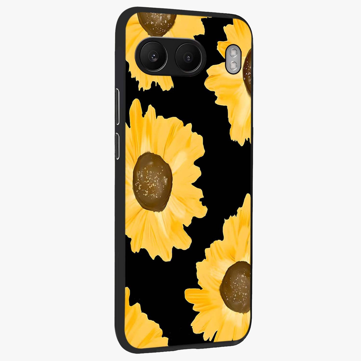 Bold Sunflowers Glow Glass Case for 1+Nord 4 side perspective highlighting rich yellow hues and premium edge finish
