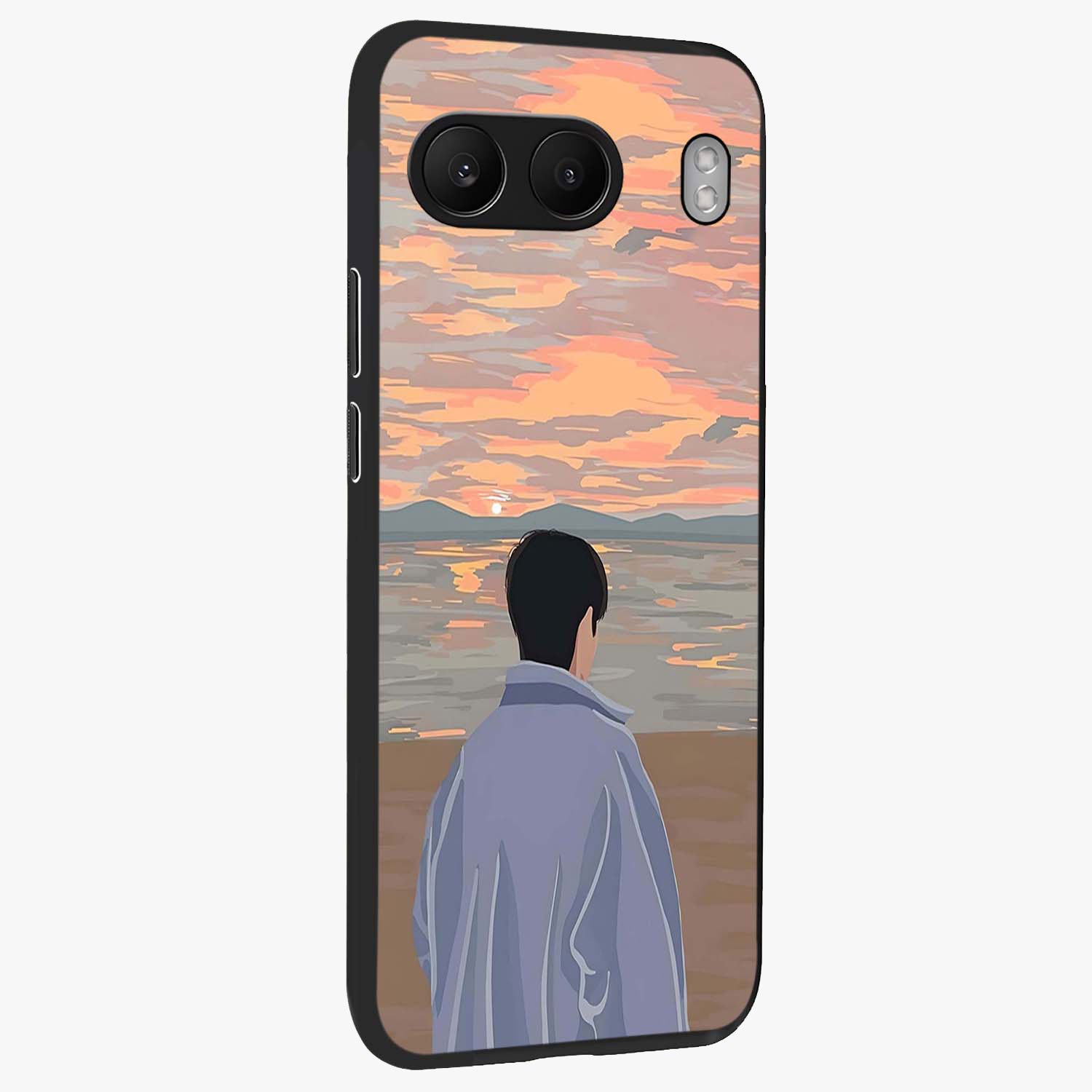 Boy Facing Sunset Beach Glass Case for 1+Nord 4 side perspective highlighting calming sunset gradients and smooth edges