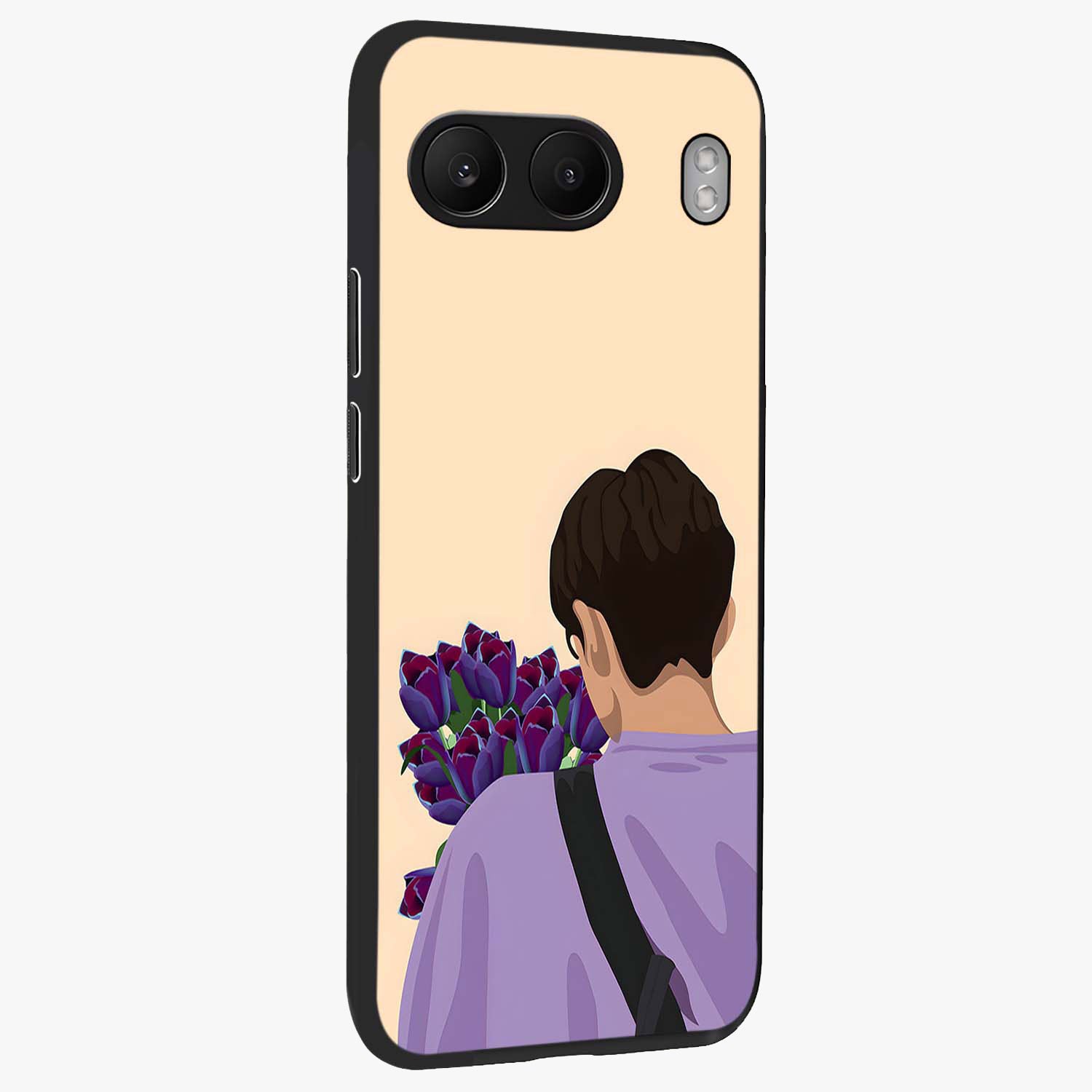 Boy Holding Flowers Glass Case for 1+Nord 4 side perspective highlighting delicate flower details and premium build