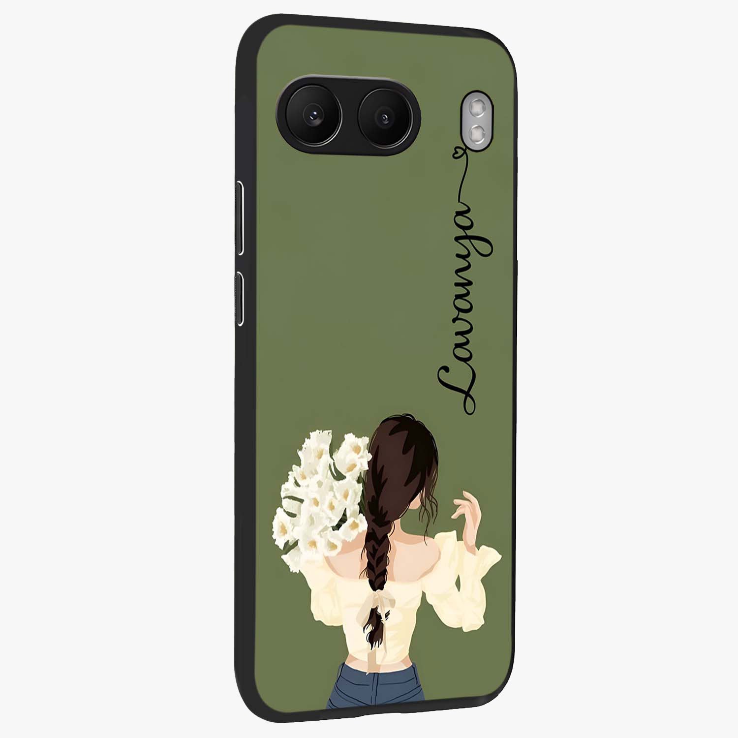 Braided Spring Beauty With Custom Name Glass Case for 1+Nord 4 side perspective highlighting custom name typography and smooth edges