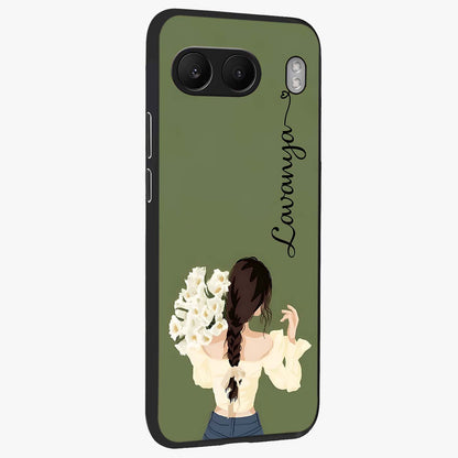 Braided Spring Beauty With Custom Name Glass Case for 1+Nord 4 side perspective highlighting custom name typography and smooth edges