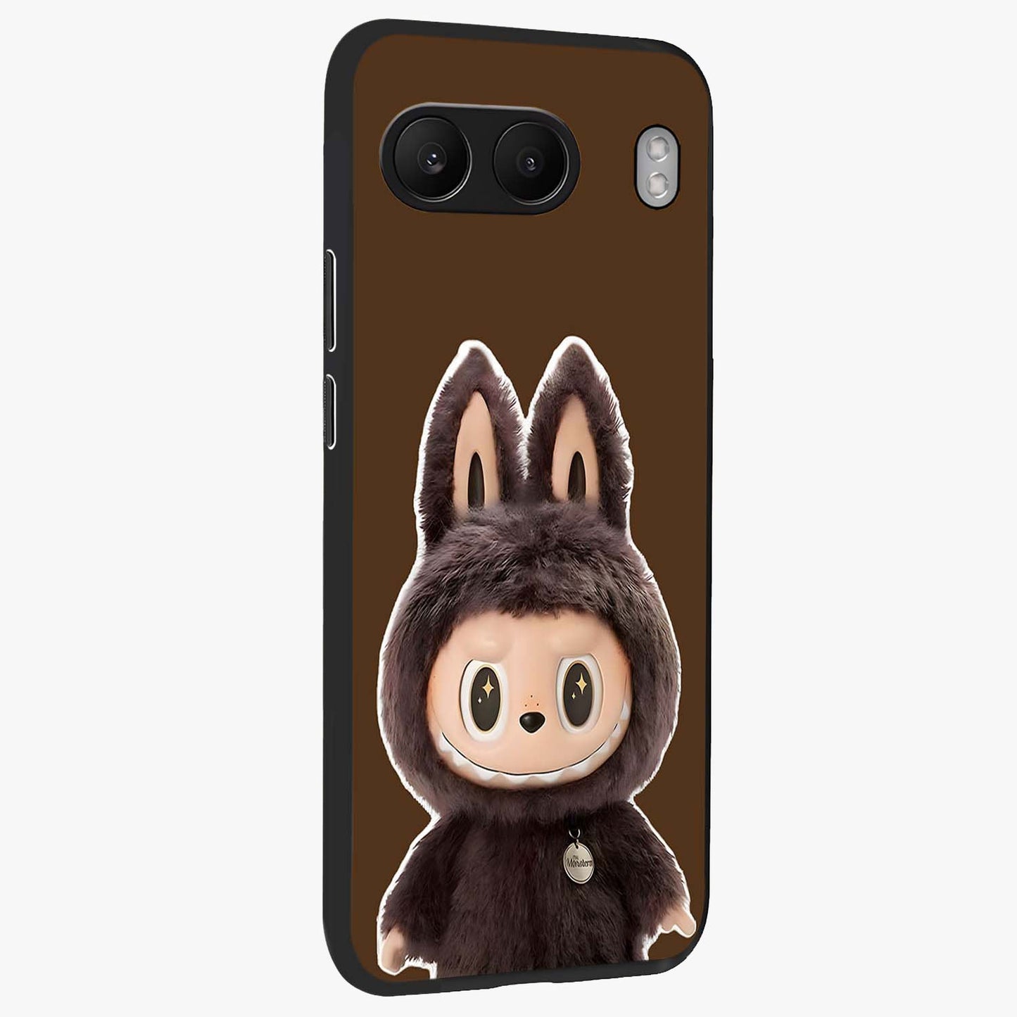 Brown Labubu Design Glass Case for 1+Nord 4 side perspective highlighting charming character detailing and smooth edges