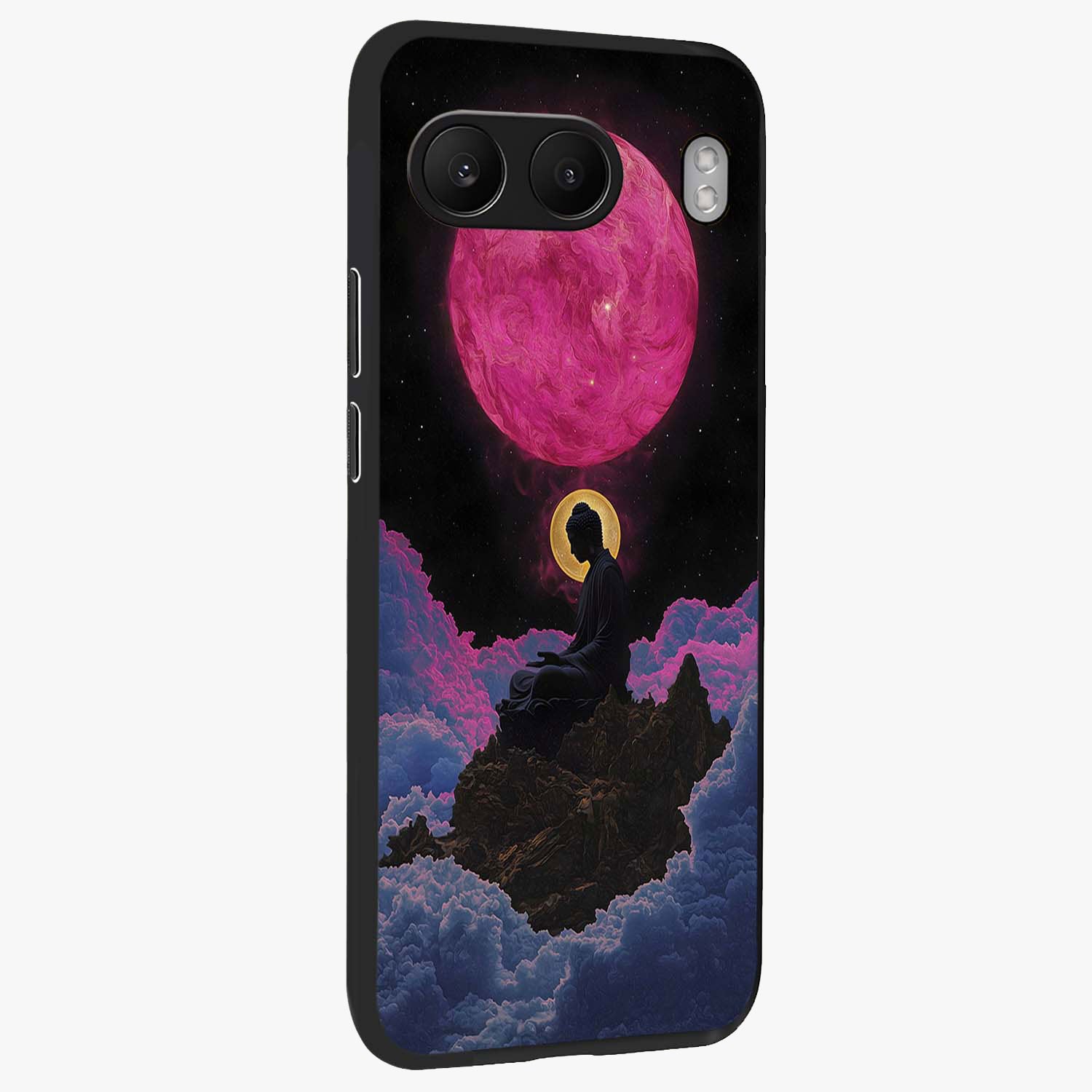 Buddha and Planets Glass Case for 1+Nord 4 side perspective highlighting divine illustration details and premium build