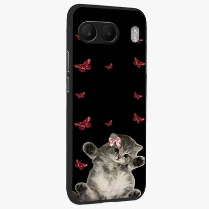 Butterfly Cat Bliss Glass Case for 1+Nord 4 side perspective highlighting delicate butterfly detailing and smooth edges