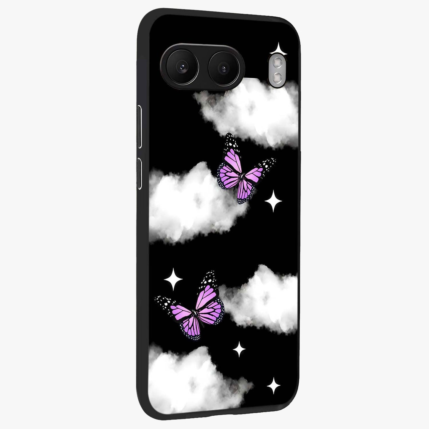 Butterfly Night Drift Glass Case for 1+Nord 4 side perspective highlighting glowing butterfly details and sleek edges