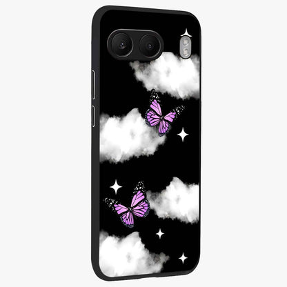Butterfly Night Drift Glass Case for 1+Nord 4 side perspective highlighting glowing butterfly details and sleek edges