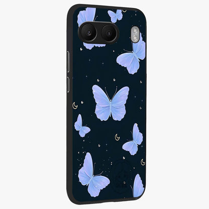 Butterfly With Stars Pattern Glass Case for 1+Nord 4 side perspective highlighting glowing star details and premium edges