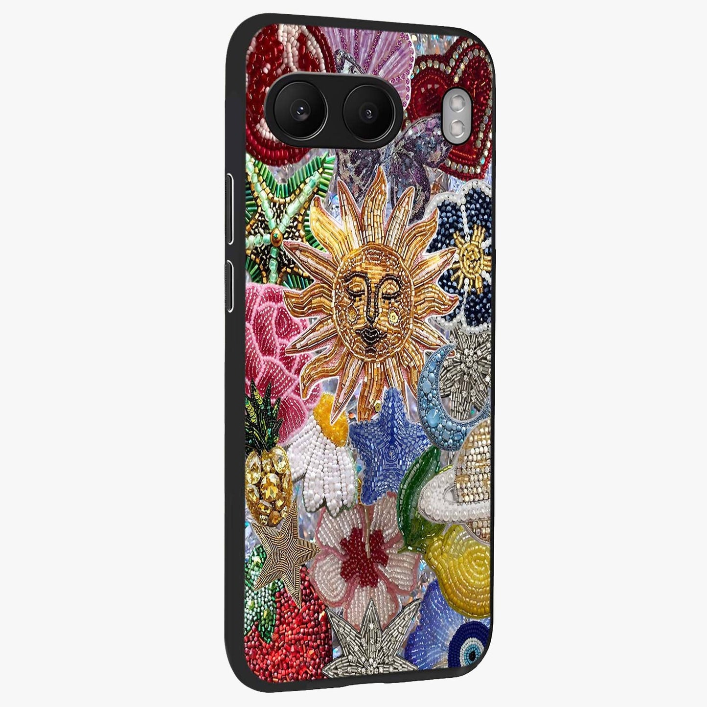 Celestial Floral and Playful Glass Case for 1+Nord 4 side perspective highlighting playful bloom textures and smooth edges