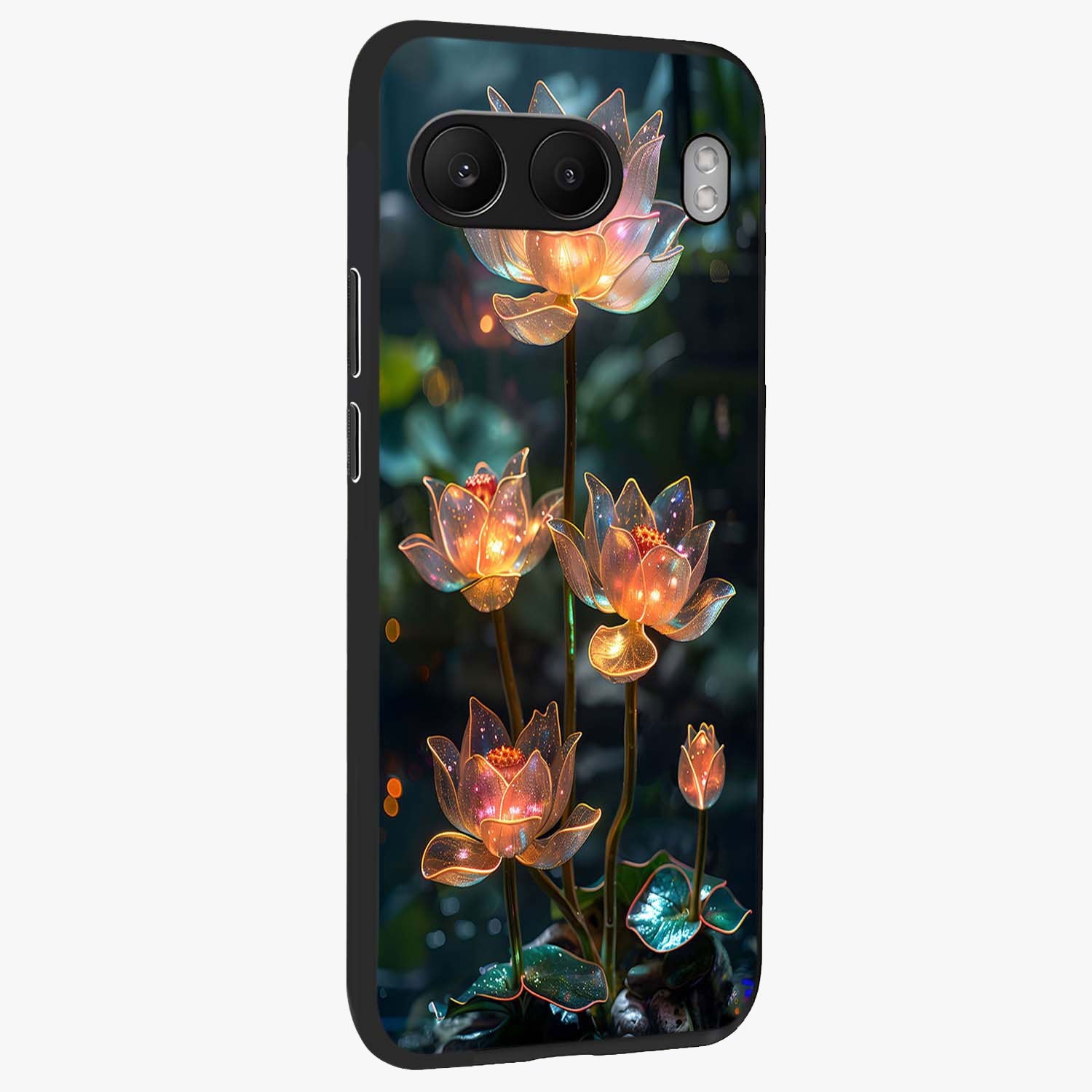Celestial Lotus Light Glass Case for 1+Nord 4 side perspective highlighting delicate lotus detailing and premium finish