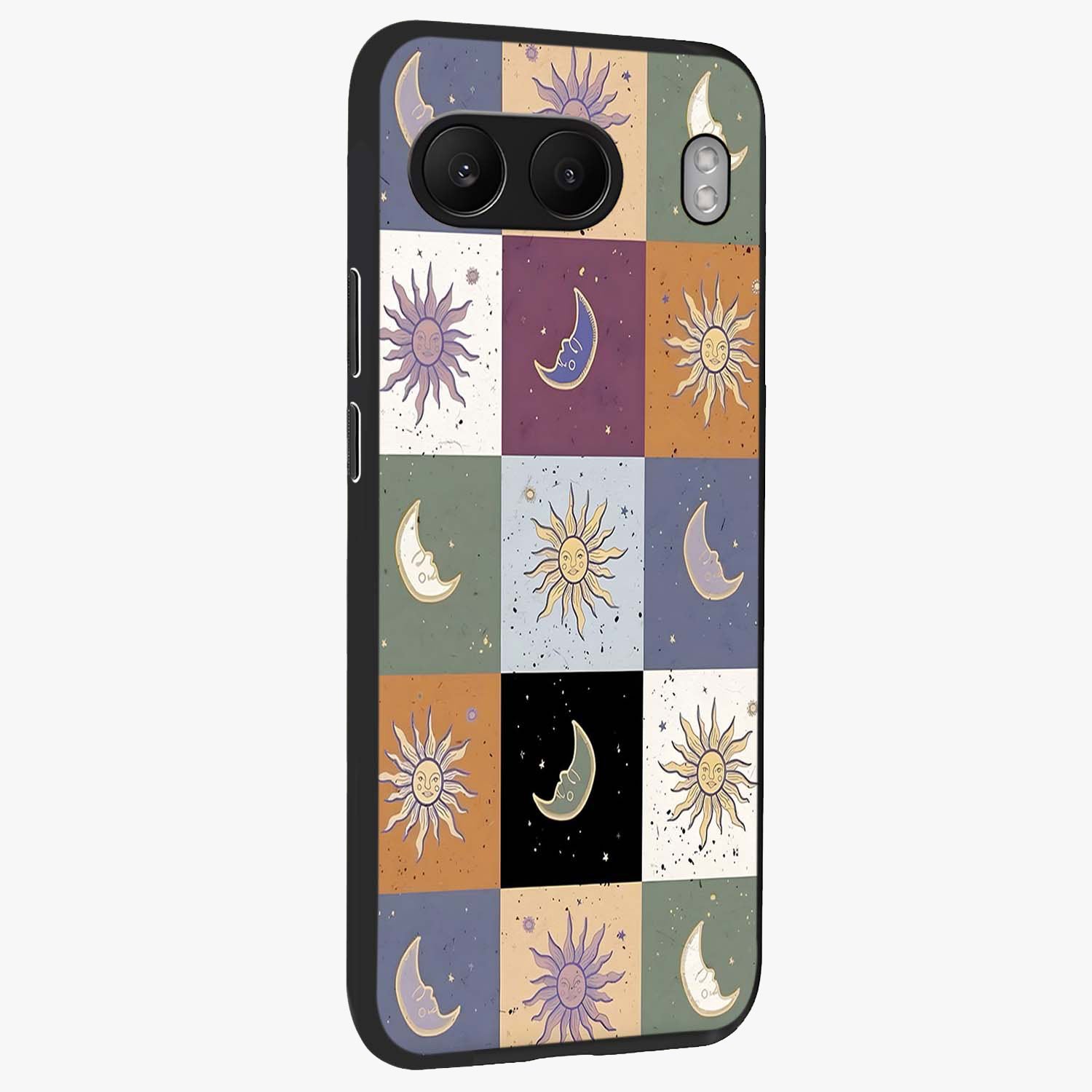 Celestial Patchwork Dreams Glass Case for 1+Nord 4 side perspective highlighting vibrant patchwork detailing and sleek edges