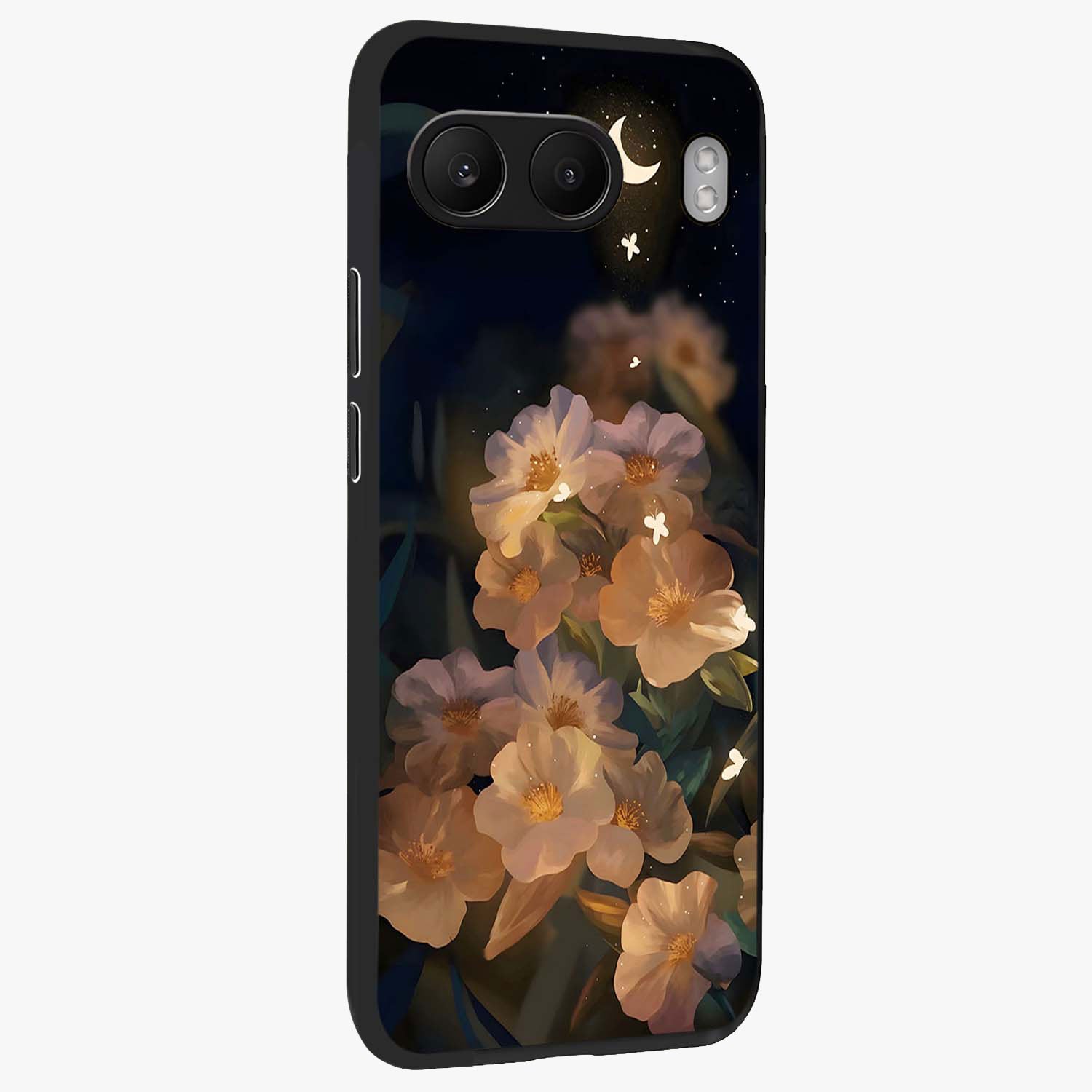 Celestial Petal Night Glass Case for 1+Nord 4 side perspective highlighting delicate petal details and premium edges