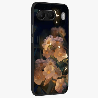 Celestial Petal Night Glass Case for 1+Nord 4 side perspective highlighting delicate petal details and premium edges