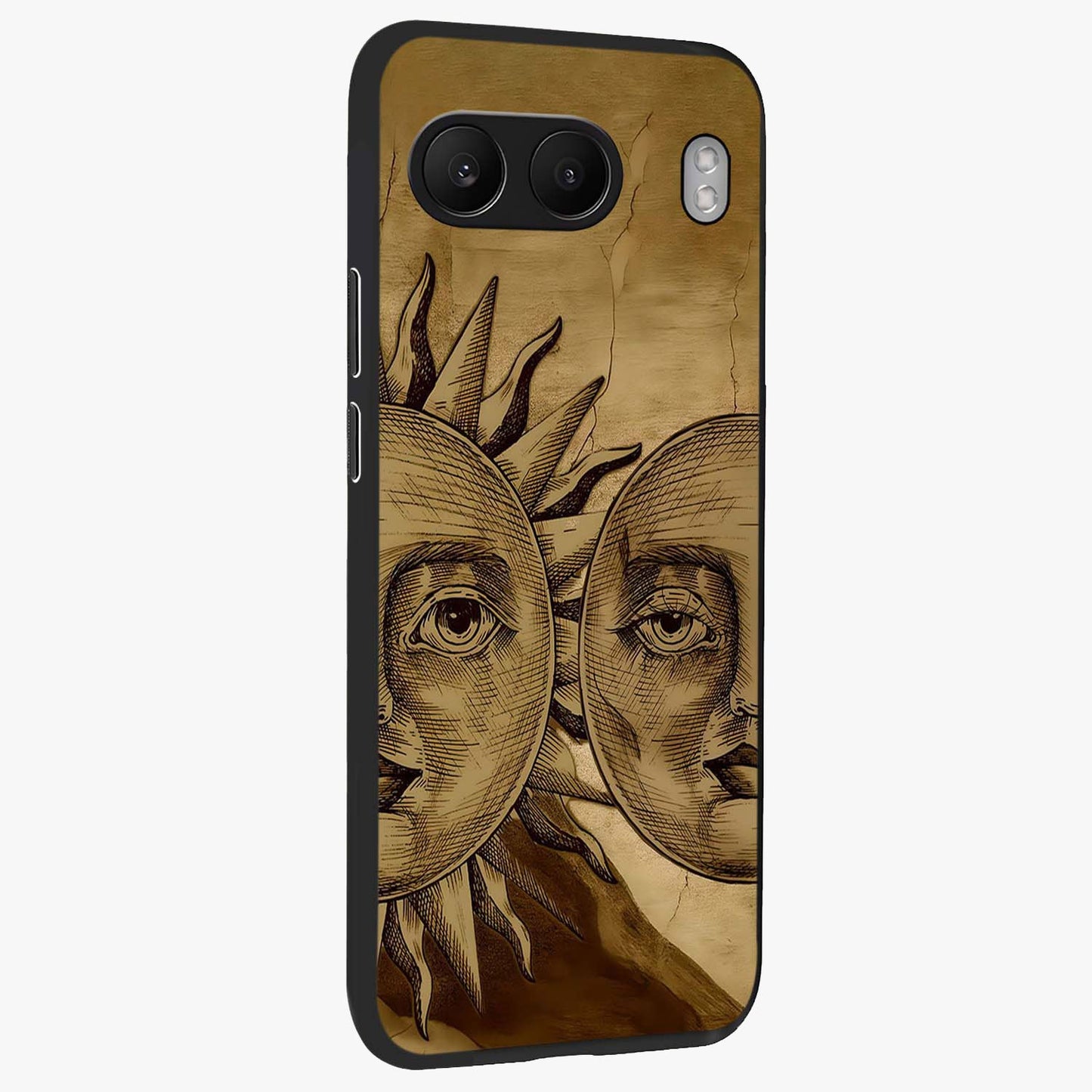 Celestial Relic Glow Glass Case for 1+Nord 4 side perspective highlighting intricate celestial textures and sleek build