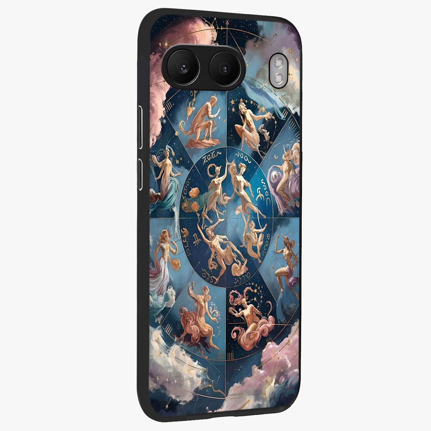 Celestial Signs Dance Glass Case for 1+Nord 4 side perspective highlighting flowing celestial patterns and sleek edges