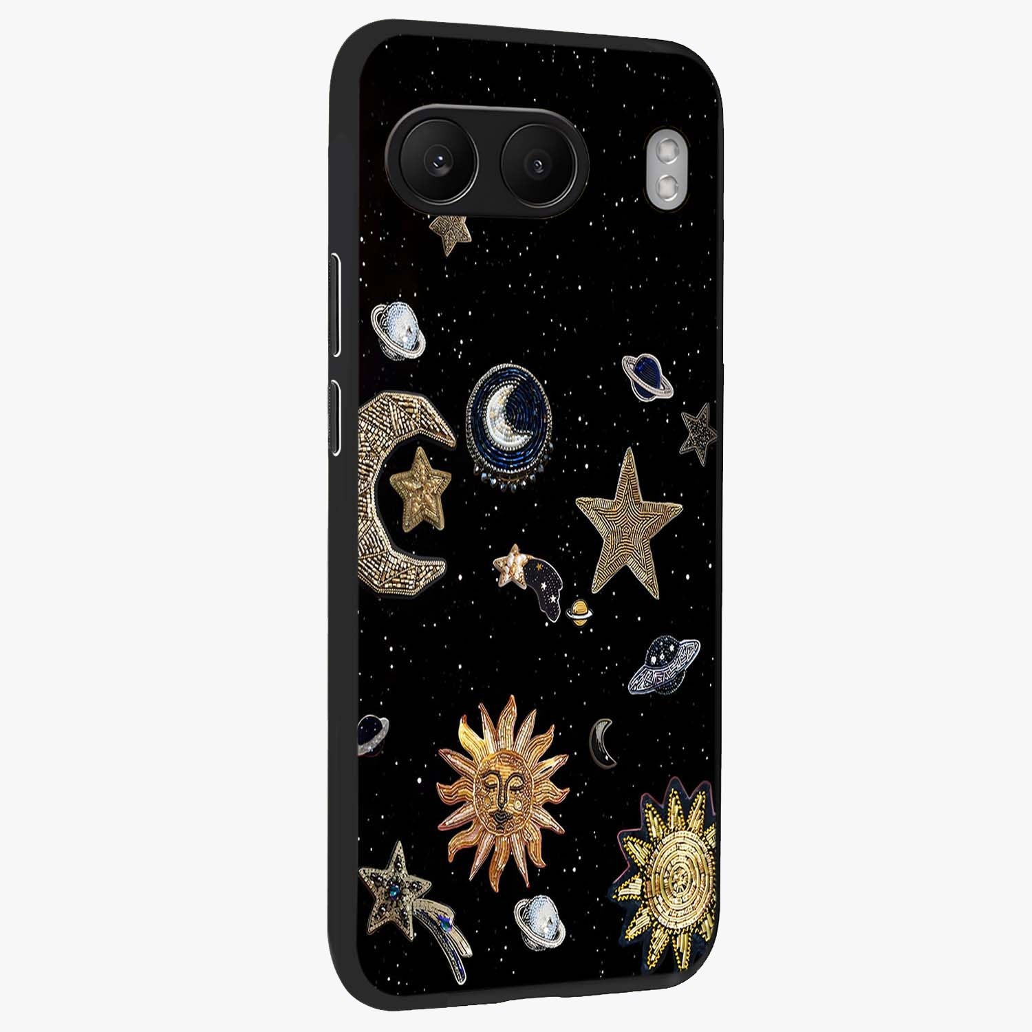 Celestial Star Charm Glass Case for 1+Nord 4 side perspective highlighting glowing star detailing and premium build