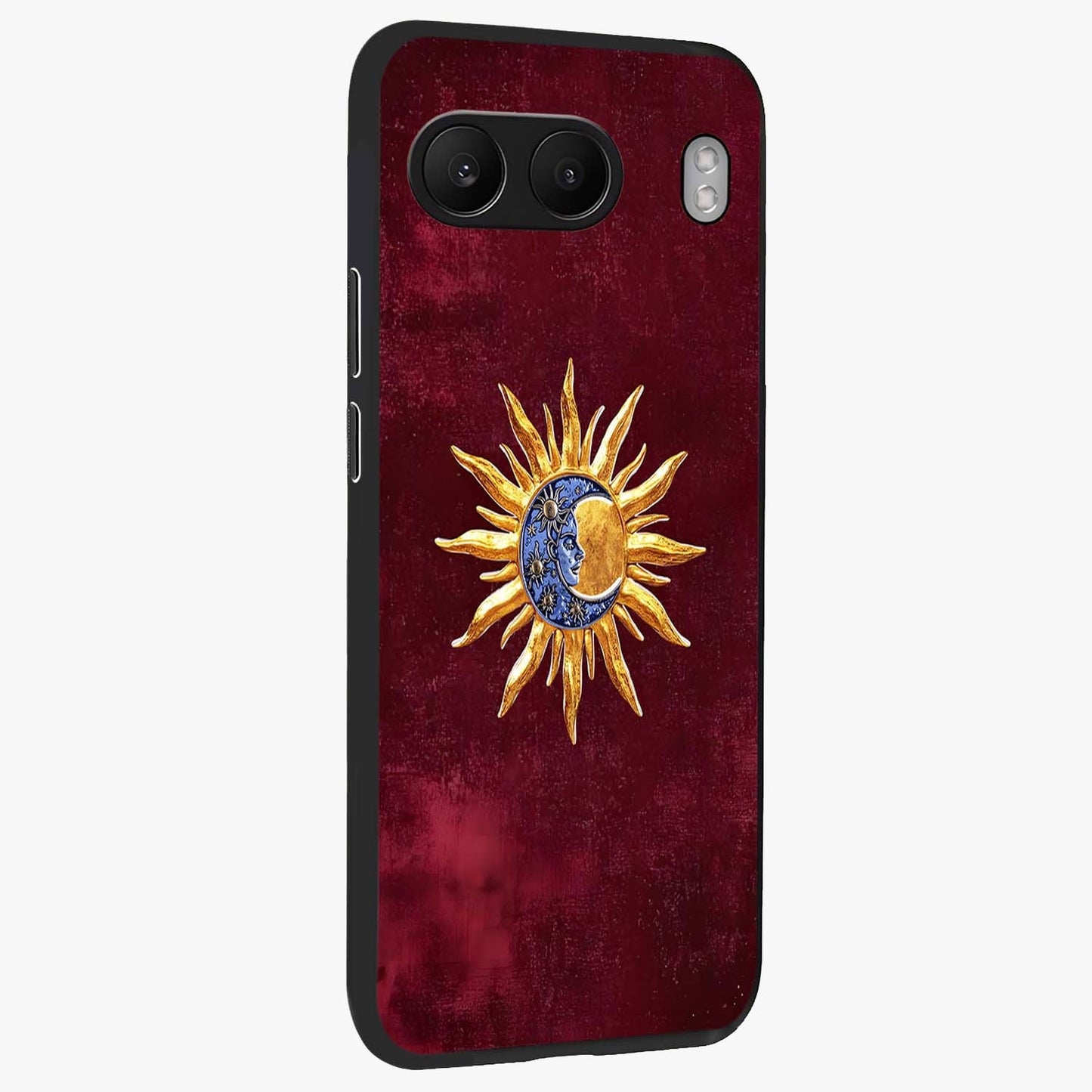 Celestial Unity Charm Glass Case for 1+Nord 4 side perspective highlighting detailed charm elements and sleek edges