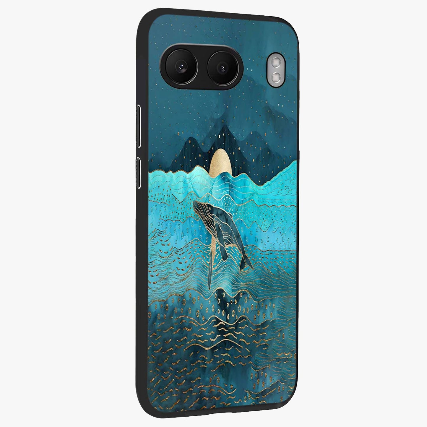 Celestial Whale Voyage Glass Case for 1+Nord 4 side perspective highlighting flowing whale illustration and premium detailing