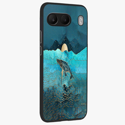 Celestial Whale Voyage Glass Case for 1+Nord 4 side perspective highlighting flowing whale illustration and premium detailing