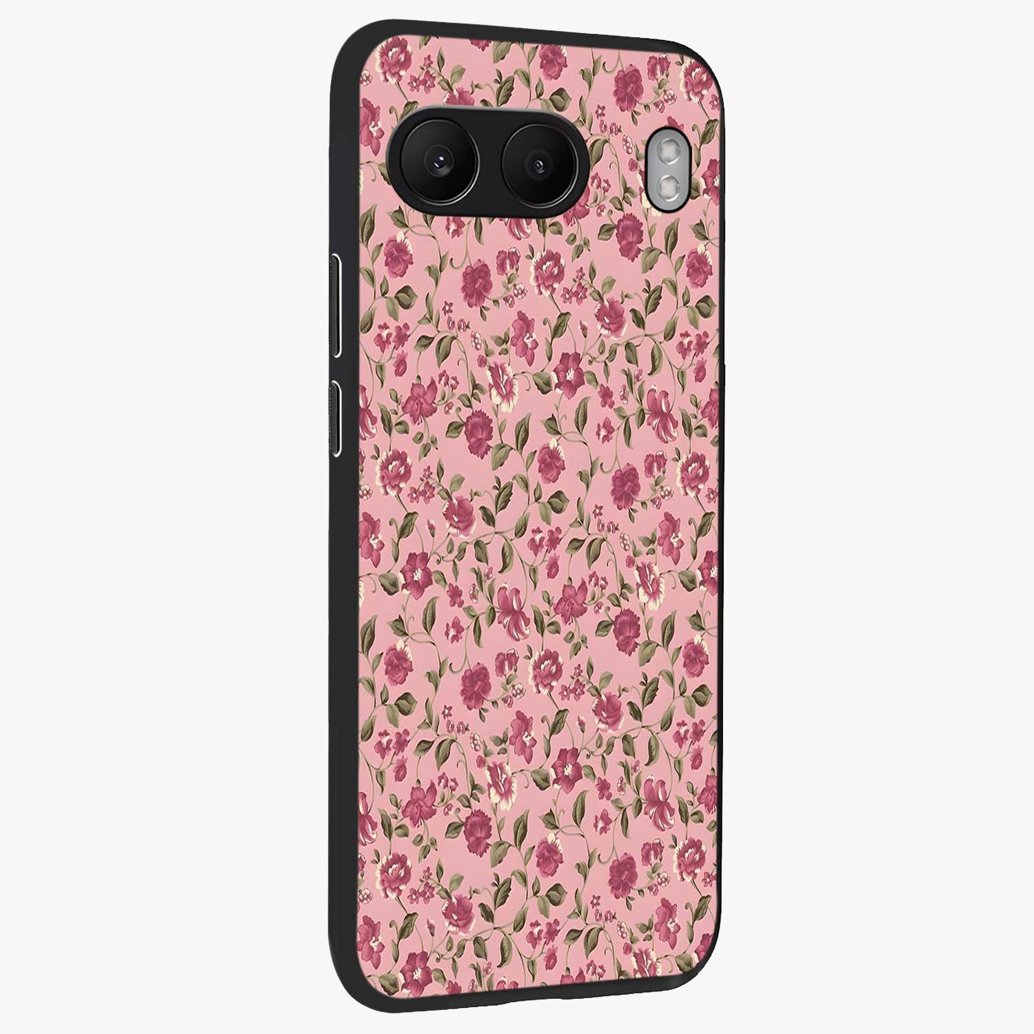 Charming Pink Floral Glass Case for 1+Nord 4 side perspective highlighting subtle floral textures and smooth edges
