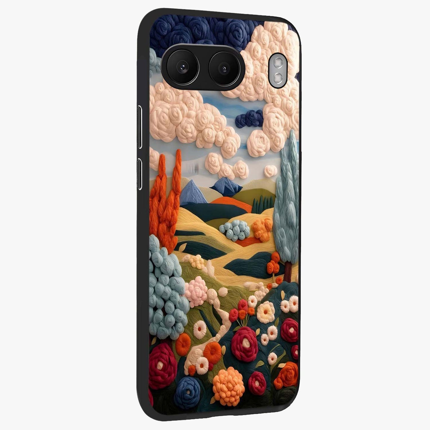 Cloud Cotton Meadows Printed Glass Case for 1+Nord 4 side perspective highlighting smooth edges and delicate meadow detailing