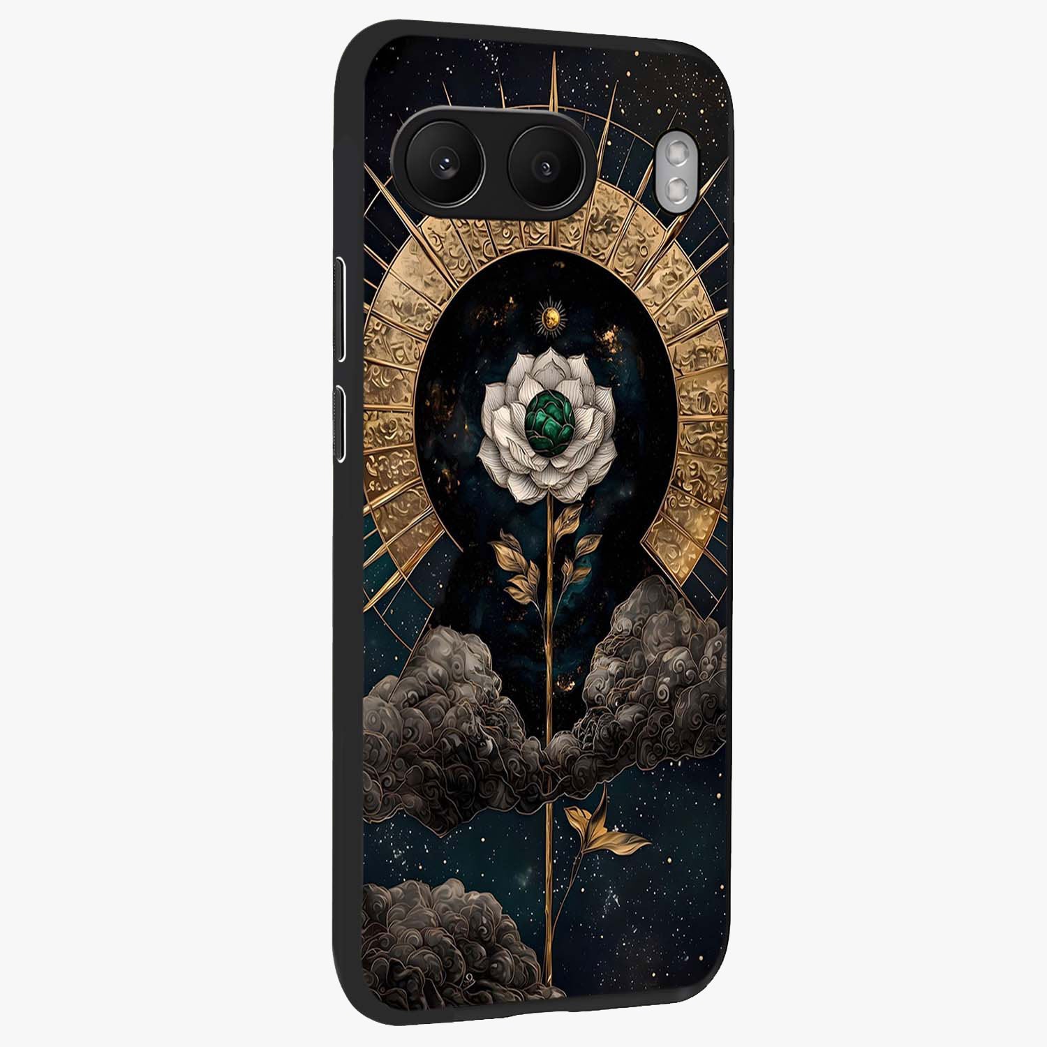 Cosmic Bloom Rose Glass Case for 1+Nord 4 side perspective highlighting glowing rose details and smooth premium build