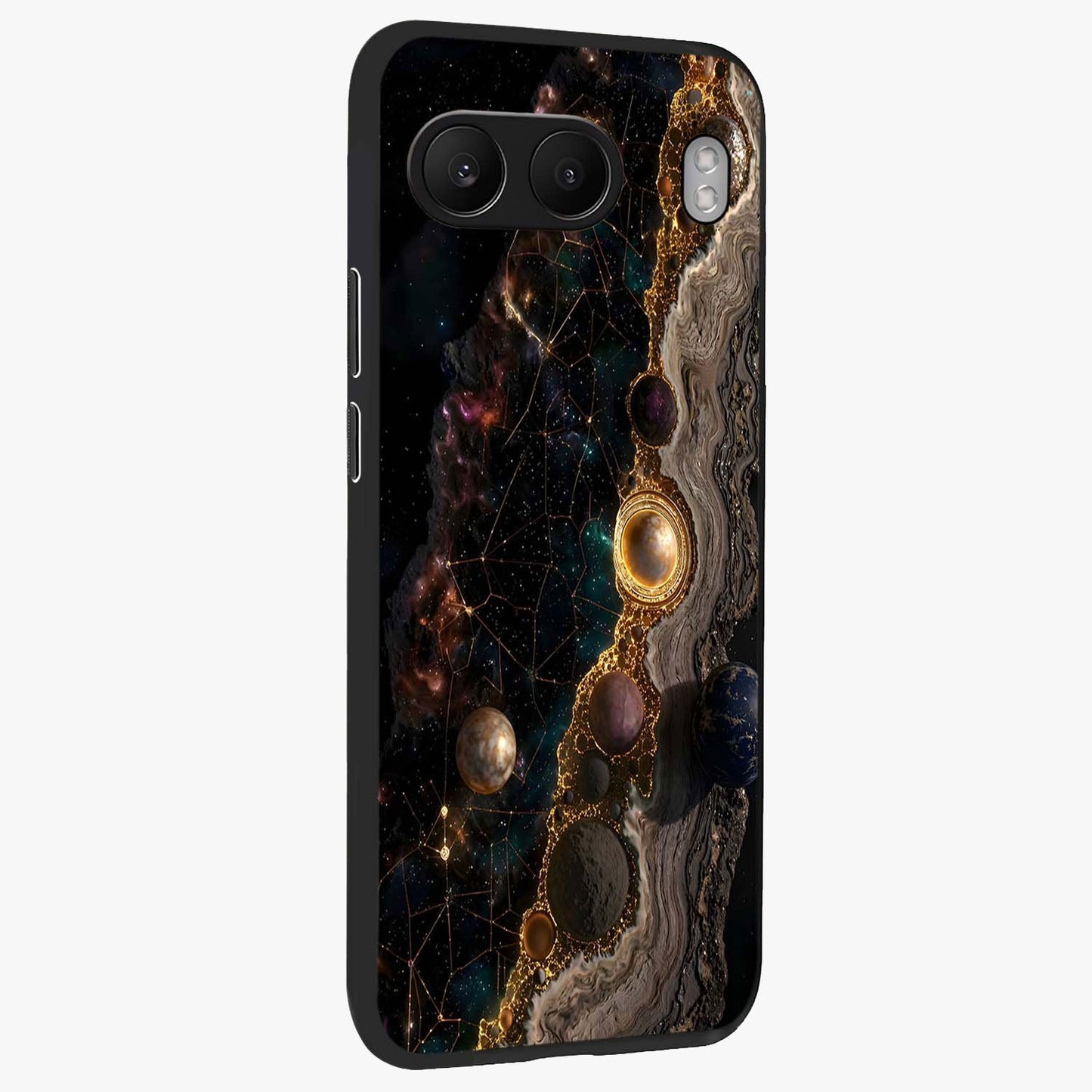 Cosmic Gold Path Glass Case for 1+Nord 4 side perspective highlighting premium metallic detailing and sleek edges
