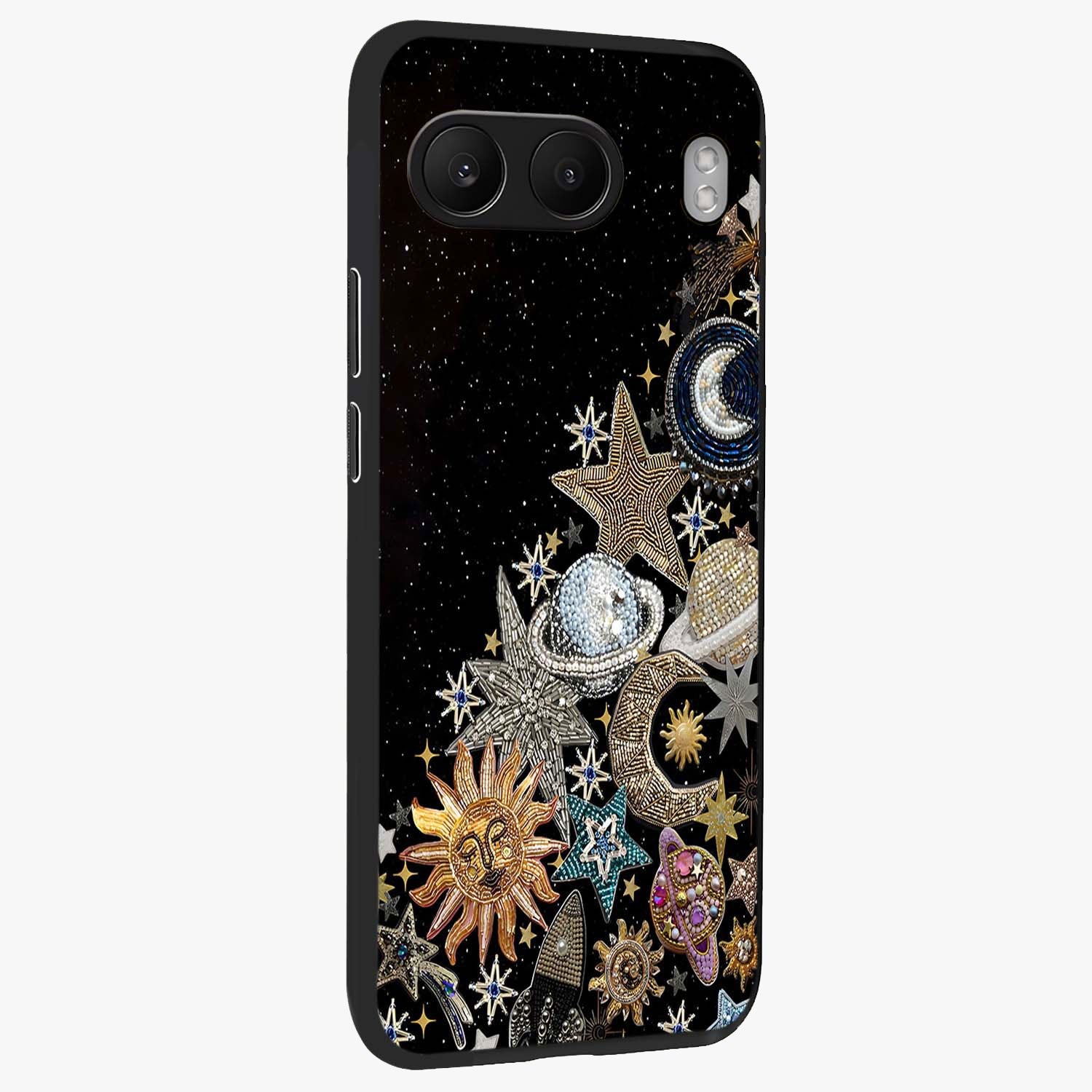 Cosmic Sparkle Dreams Glass Case for 1+Nord 4 side perspective highlighting shimmering textures and sleek edges