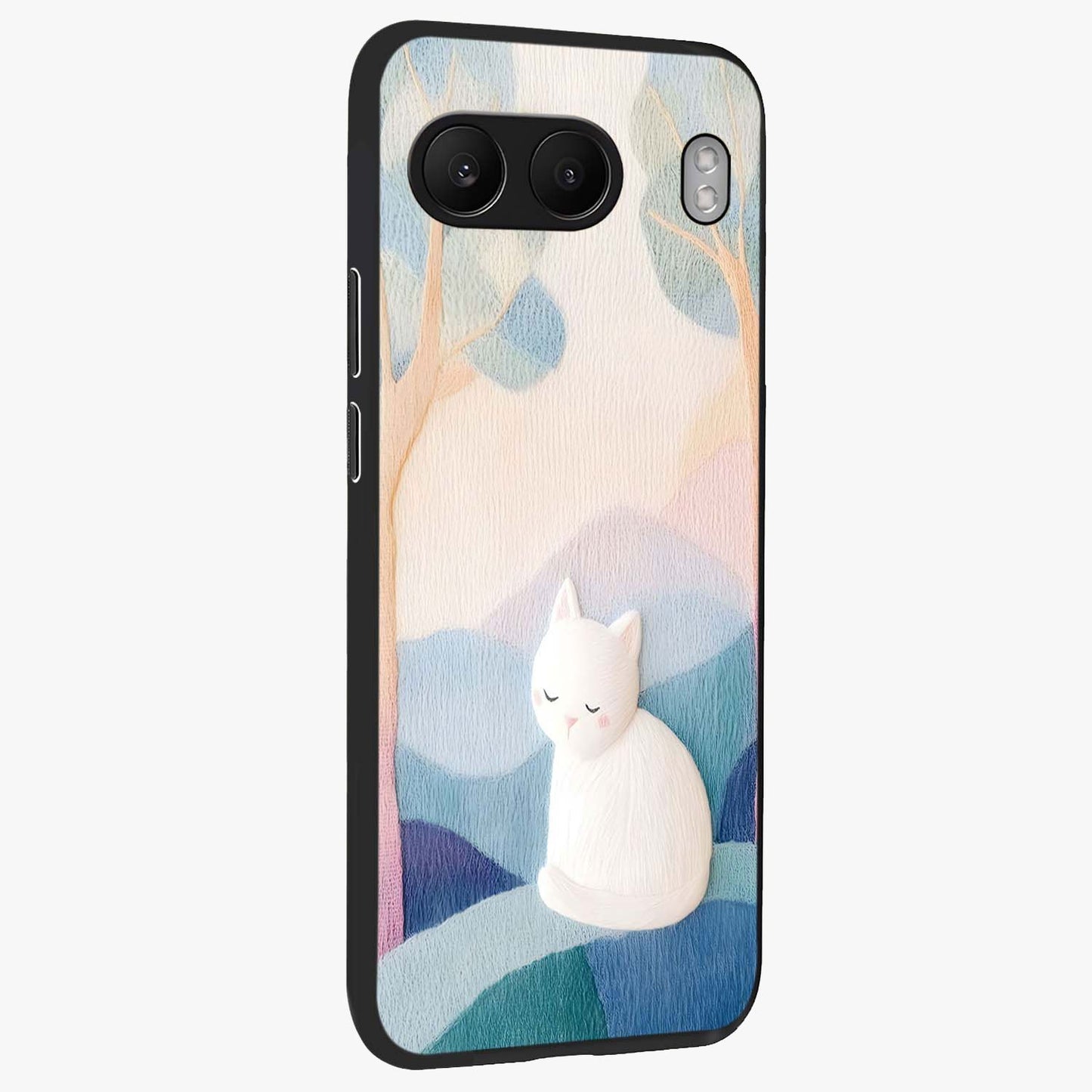 Cotton Dream Cat Glass Case for 1+Nord 4 side perspective highlighting cute feline details and smooth premium edges