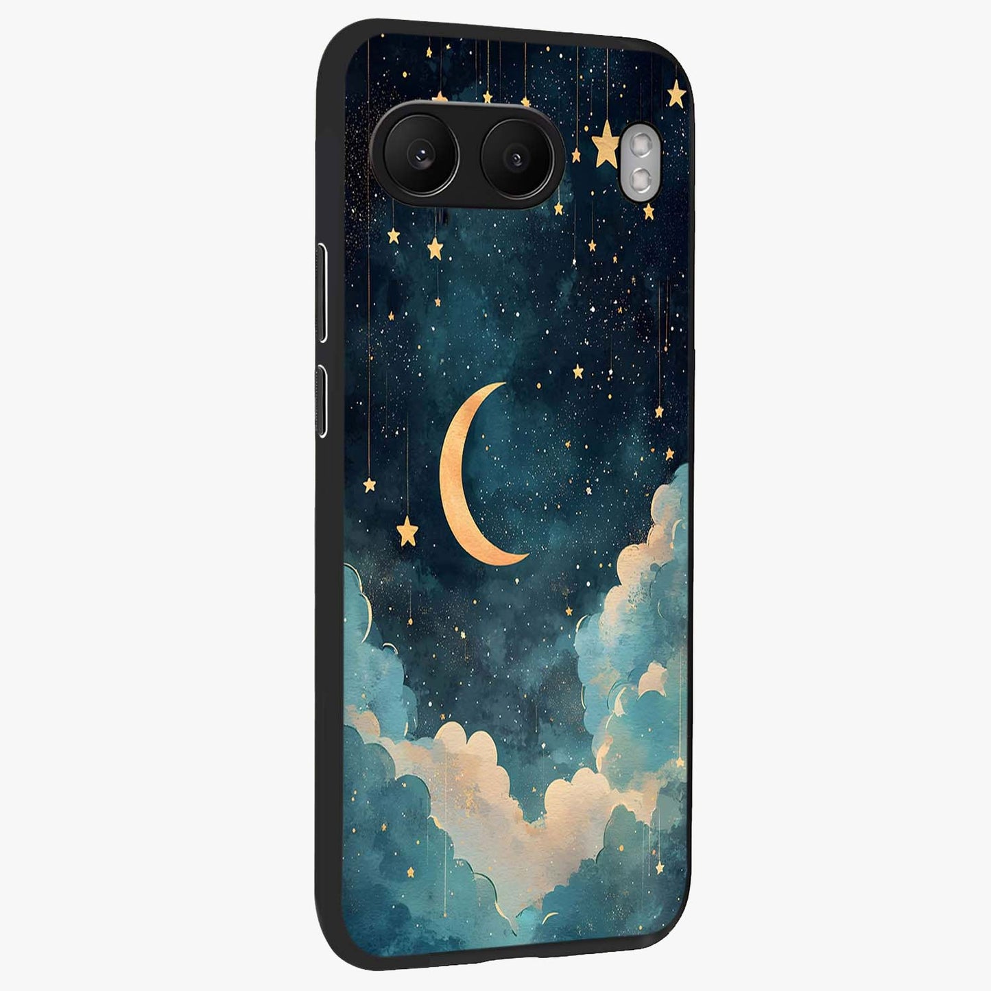 Crescent Galaxy Moon Glass Case for 1+Nord 4 side perspective highlighting luminous moon details and premium build