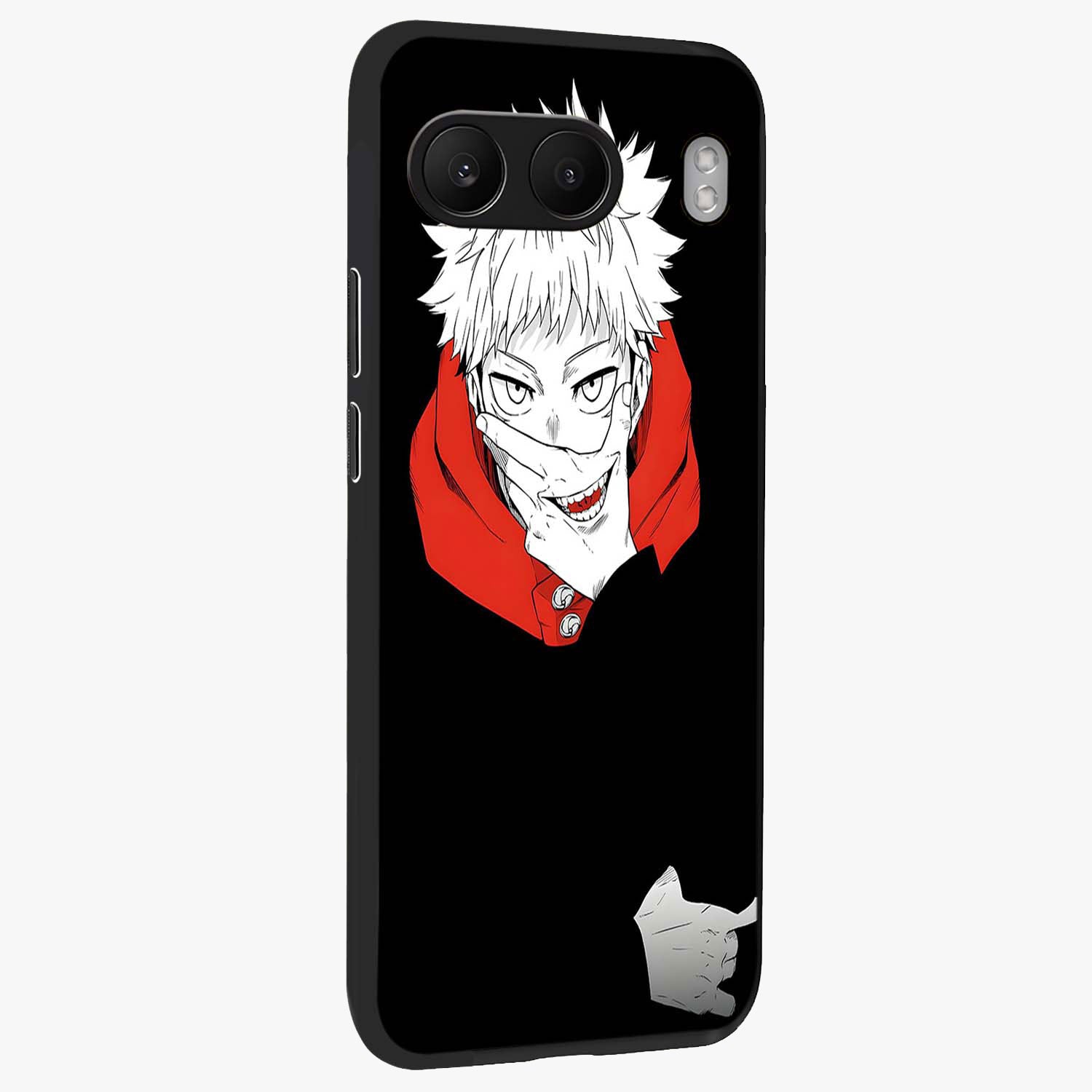 Crimson Chaos Smile Glass Case for 1+Nord 4 side perspective highlighting intense color contrast and sleek edges
