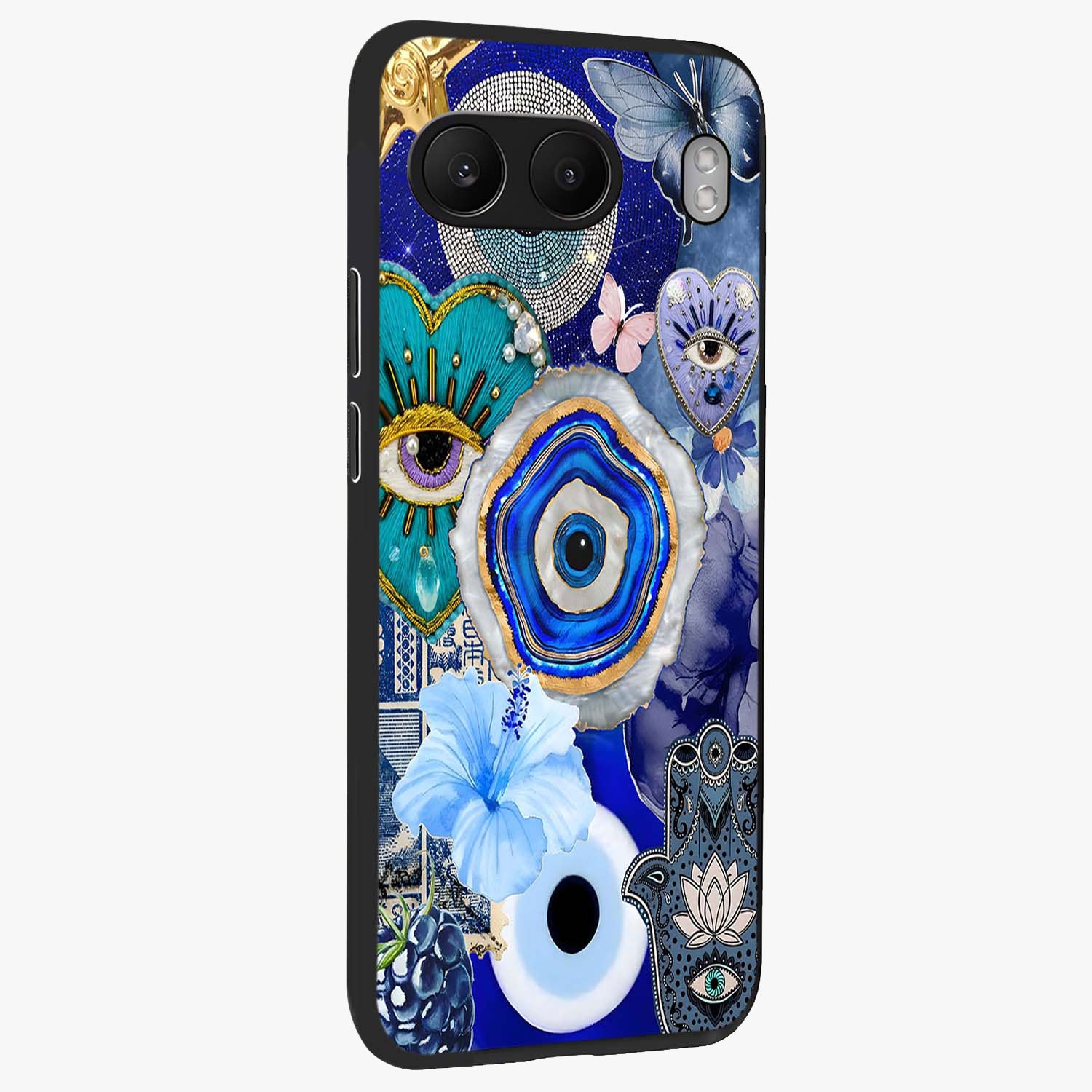 Crimson Evil Eye Charm Glass Case for 1+Nord 4 side perspective highlighting intricate charm design and smooth edges