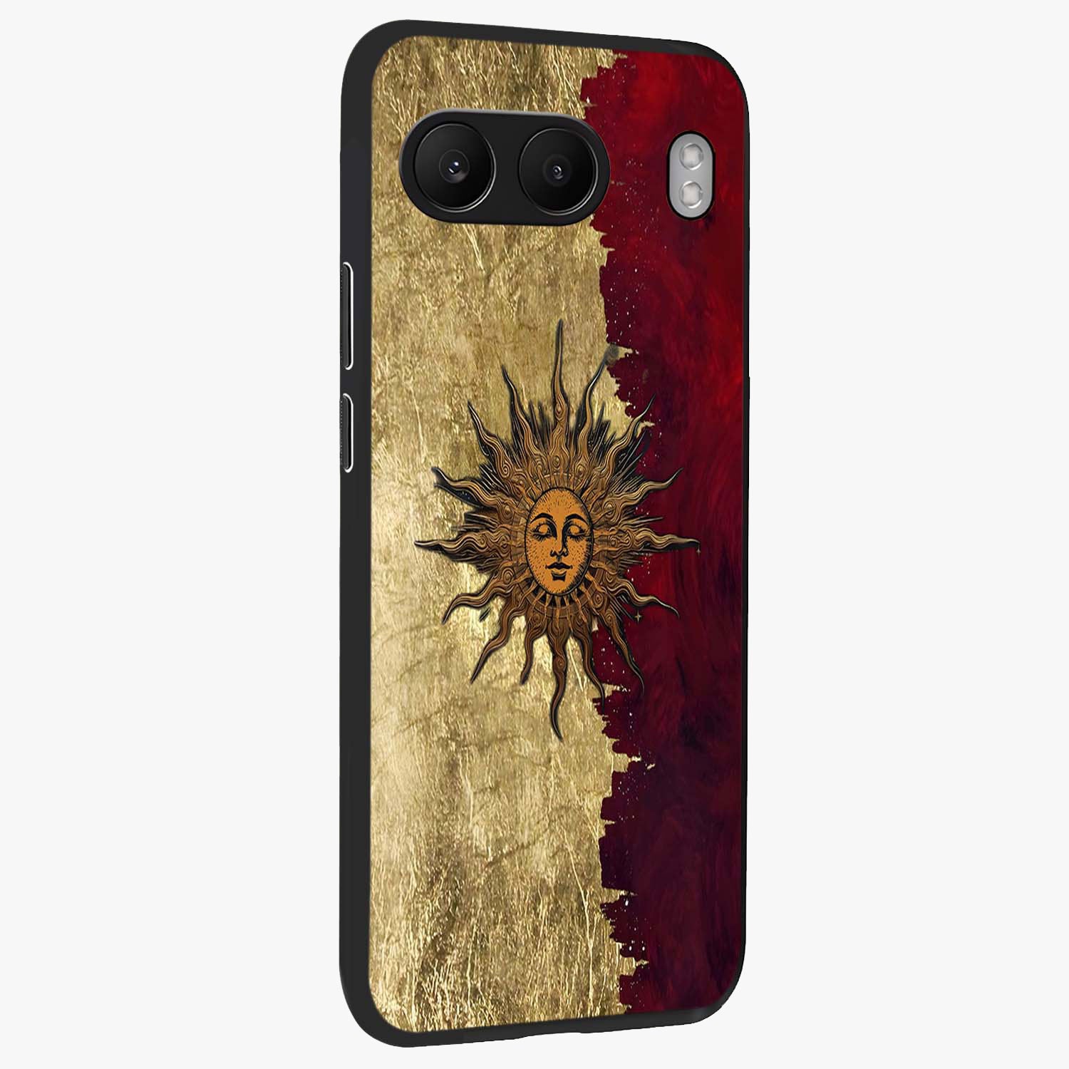 Crimson Sun Majesty Glass Case for 1+Nord 4 side perspective highlighting vibrant sun detailing and smooth edges
