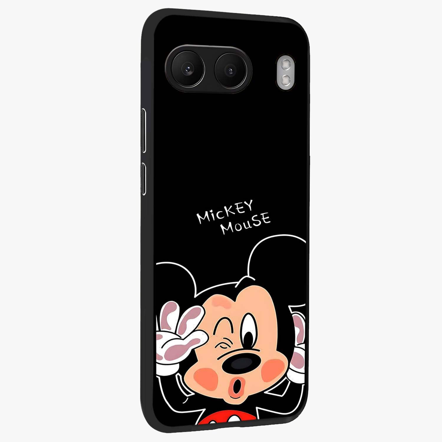 Cute Mickey Love Glass Case for 1+Nord 4 side perspective highlighting cute illustration textures and smooth edges