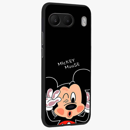 Cute Mickey Love Glass Case for 1+Nord 4 side perspective highlighting cute illustration textures and smooth edges