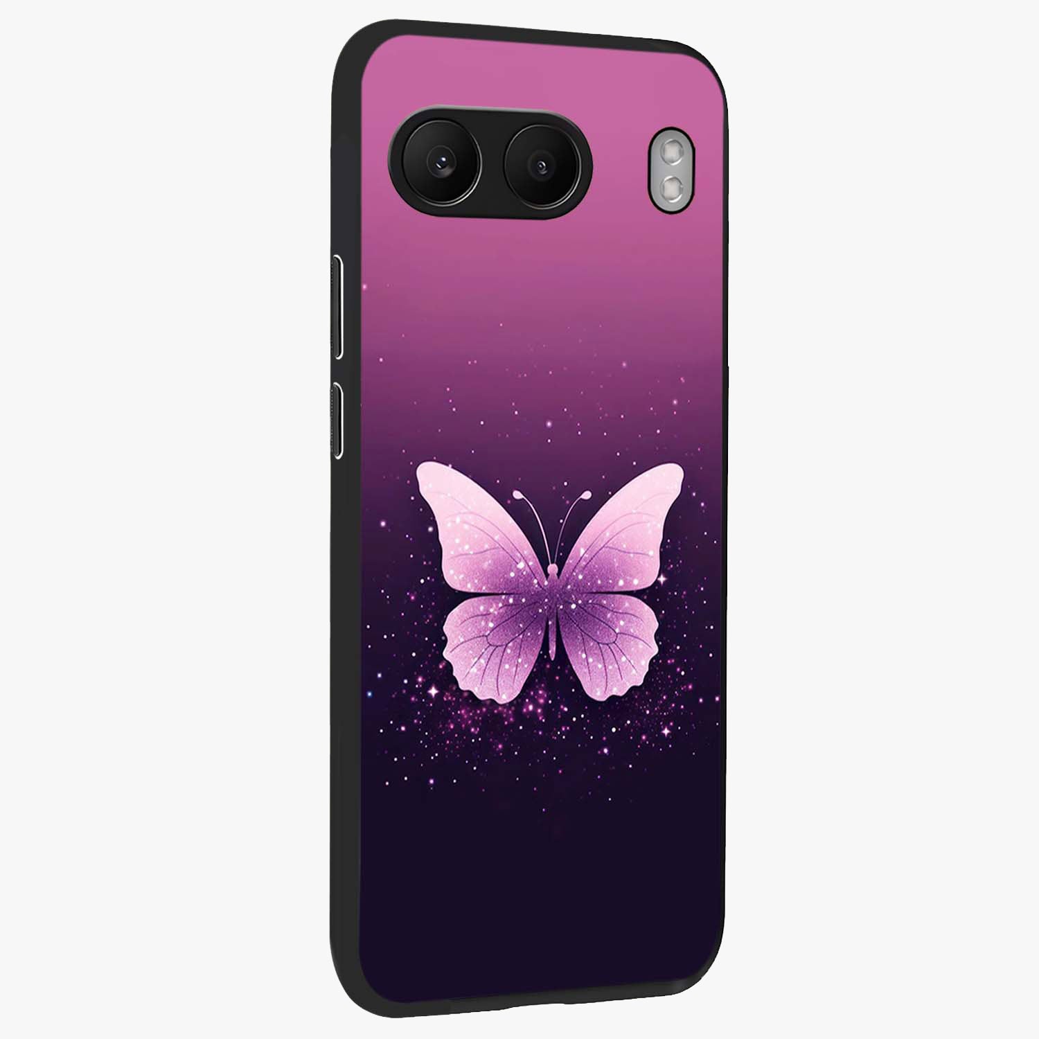 Cute Starry Butterfly Glass Case for 1+Nord 4 side perspective highlighting glowing star details and sleek edge finish