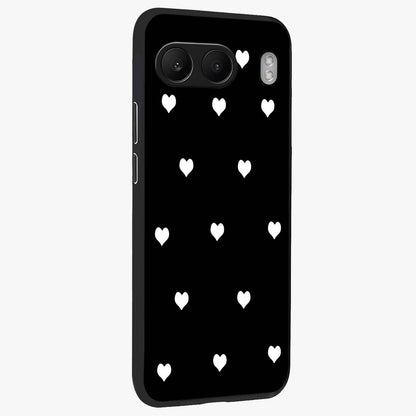 Cute Simple White Hearts Glass Case for 1+Nord 4 side perspective highlighting dramatic contrast and premium build
