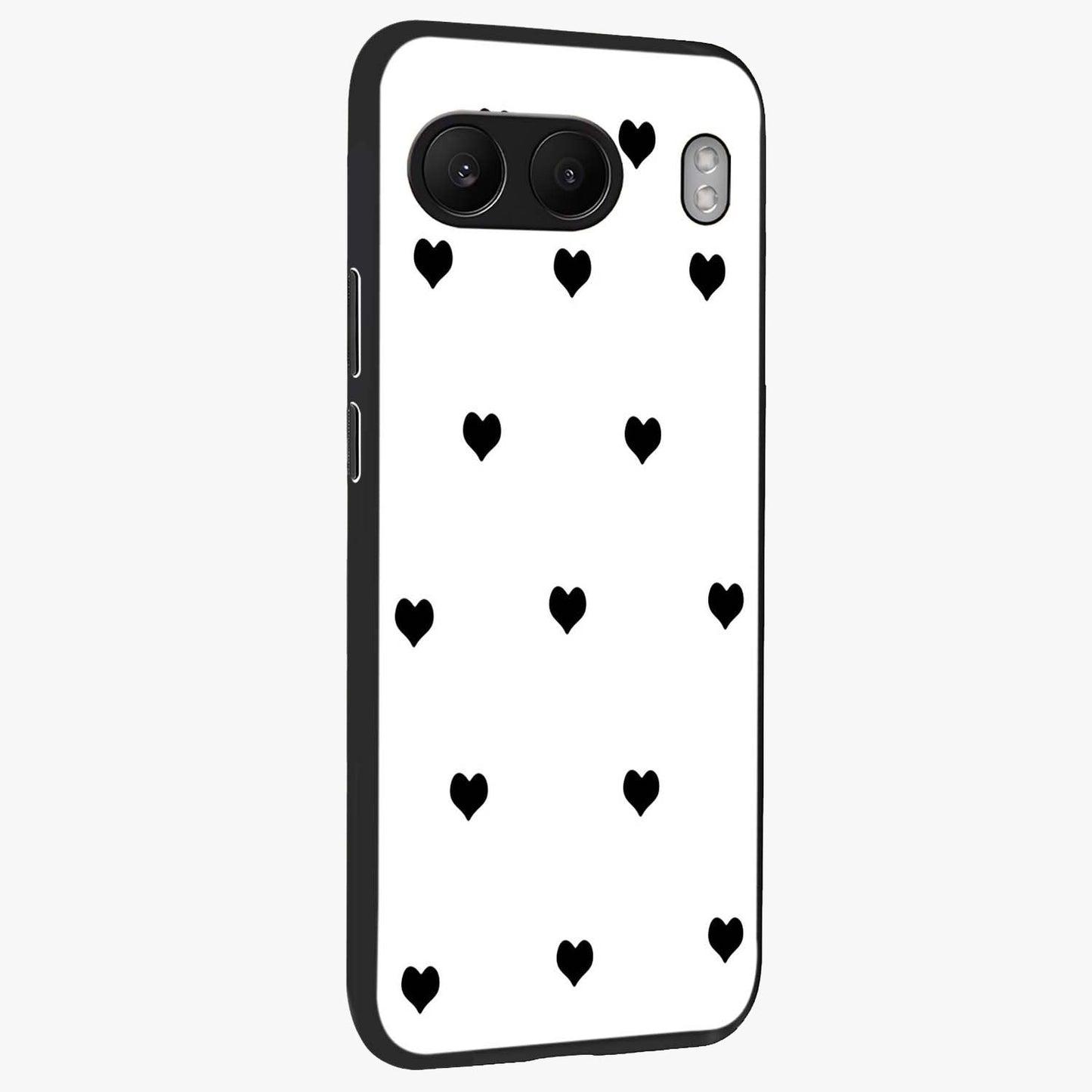 Cute Simple black Hearts Glass Case for 1+Nord 4 side perspective highlighting dramatic contrast and premium build