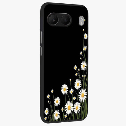 Daisy Cascade on Black Glass Case for 1+Nord 4 side perspective highlighting delicate daisy detailing and smooth edges