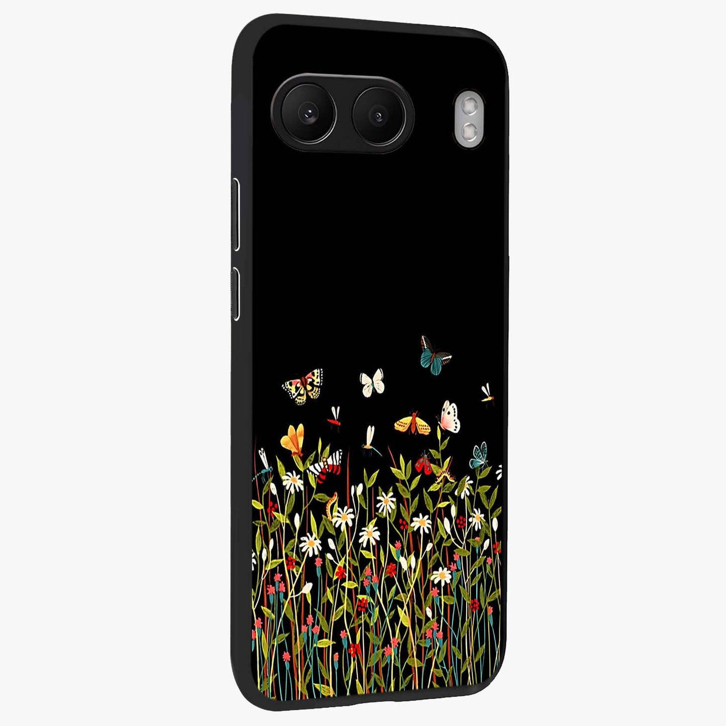 Dark Bloom Wonderland Custom Name Glass Case for 1+Nord 4 side perspective highlighting custom typography detailing and smooth edges