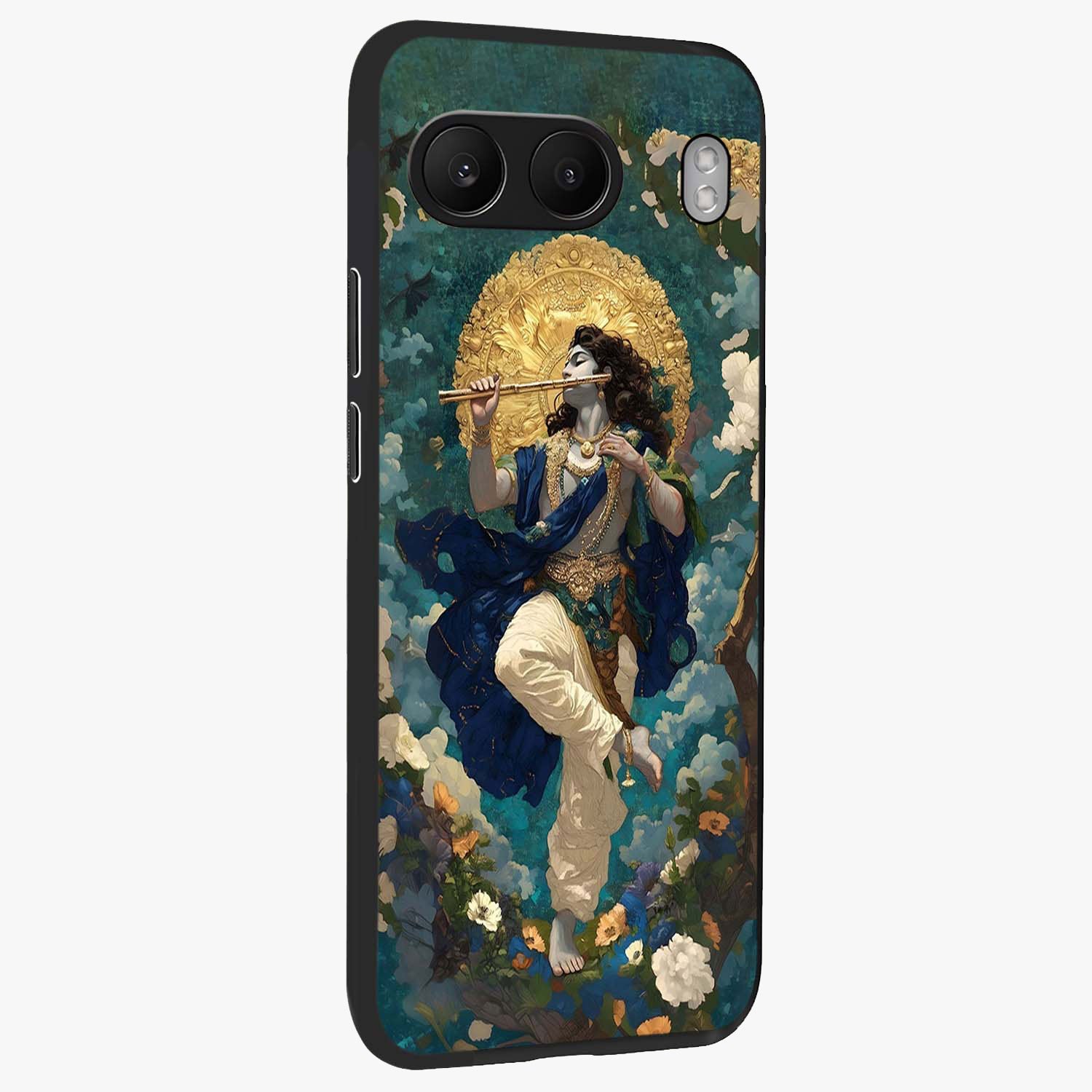 Divine Krishna Art Glass Case for 1+Nord 4 side perspective highlighting intricate divine illustration and premium edges