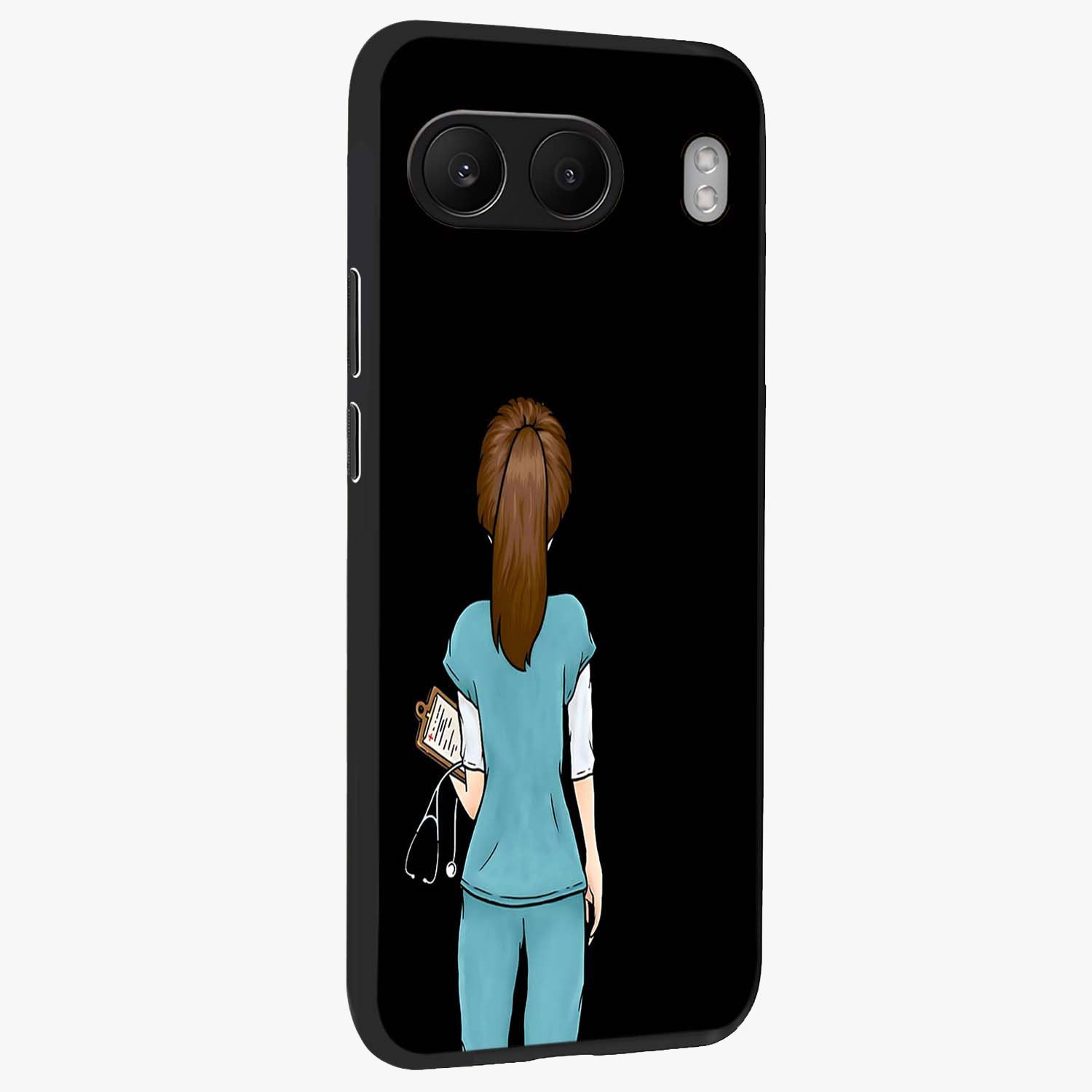 Doctor Pattern Custom Name Glass Case for 1+Nord 4 side perspective highlighting custom typography and smooth premium edges