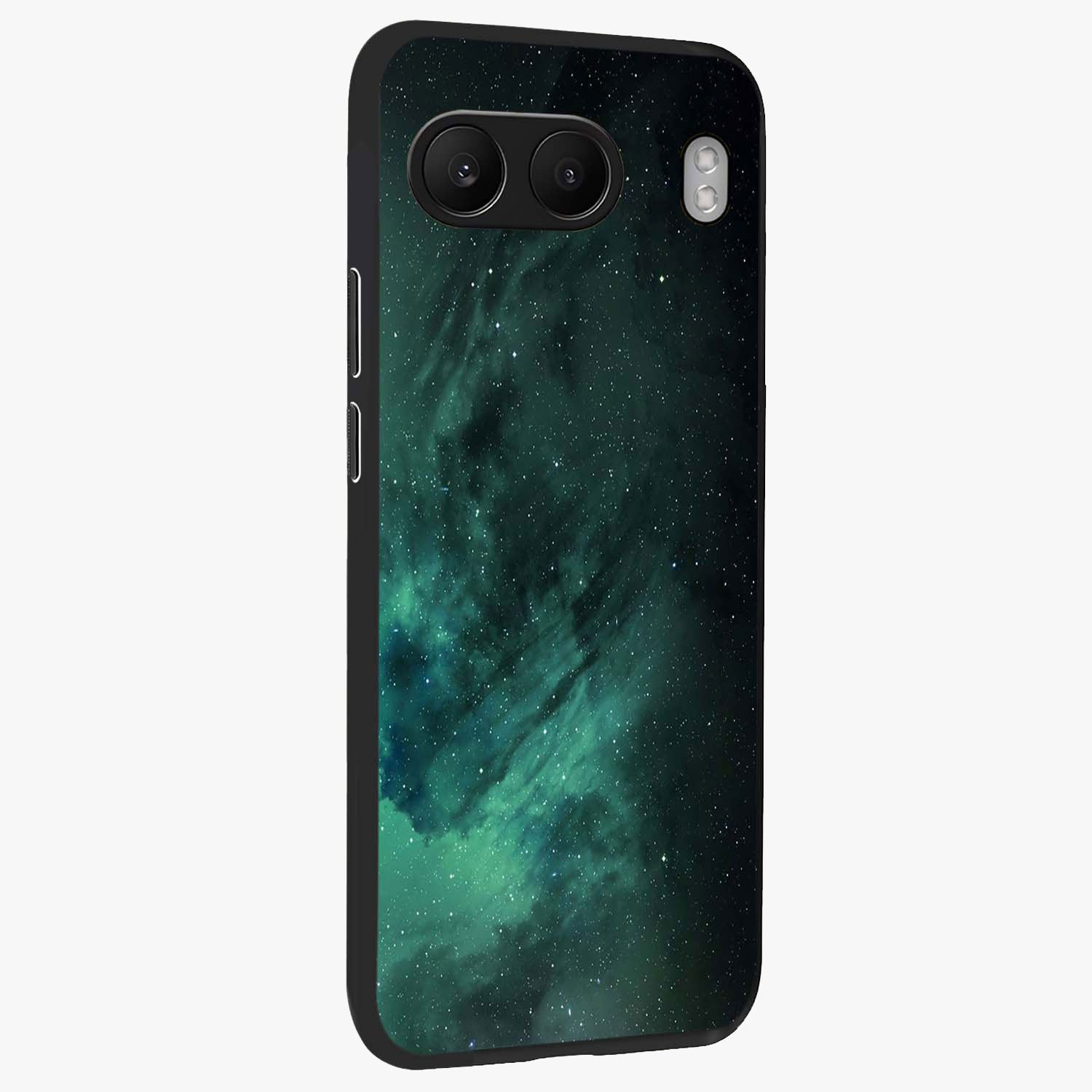 Emerald Green Space Glass Case for 1+Nord 4 side perspective highlighting luminous detailing and premium edge finish